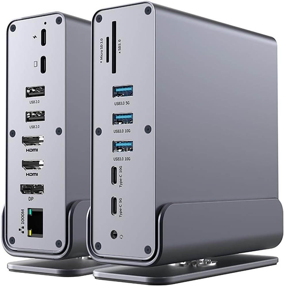 15-in-1 USB-C -telakointiasema 4K@30Hz HDMI ja DisplayPort, 3xUSB 3.0, 2xUSB 2.0, PD 100W lataus, 1000 Mbps RJ45 Ethernet Windowsille ja macOS:lle