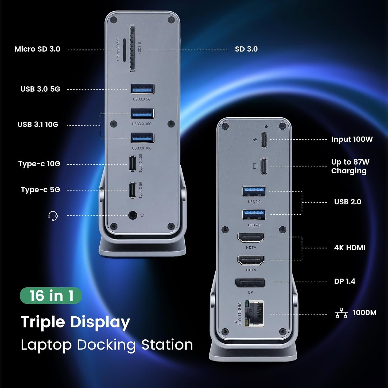 15-in-1 USB-C -telakointiasema 4K@30Hz HDMI ja DisplayPort, 3xUSB 3.0, 2xUSB 2.0, PD 100W lataus, 1000 Mbps RJ45 Ethernet Windowsille ja macOS:lle