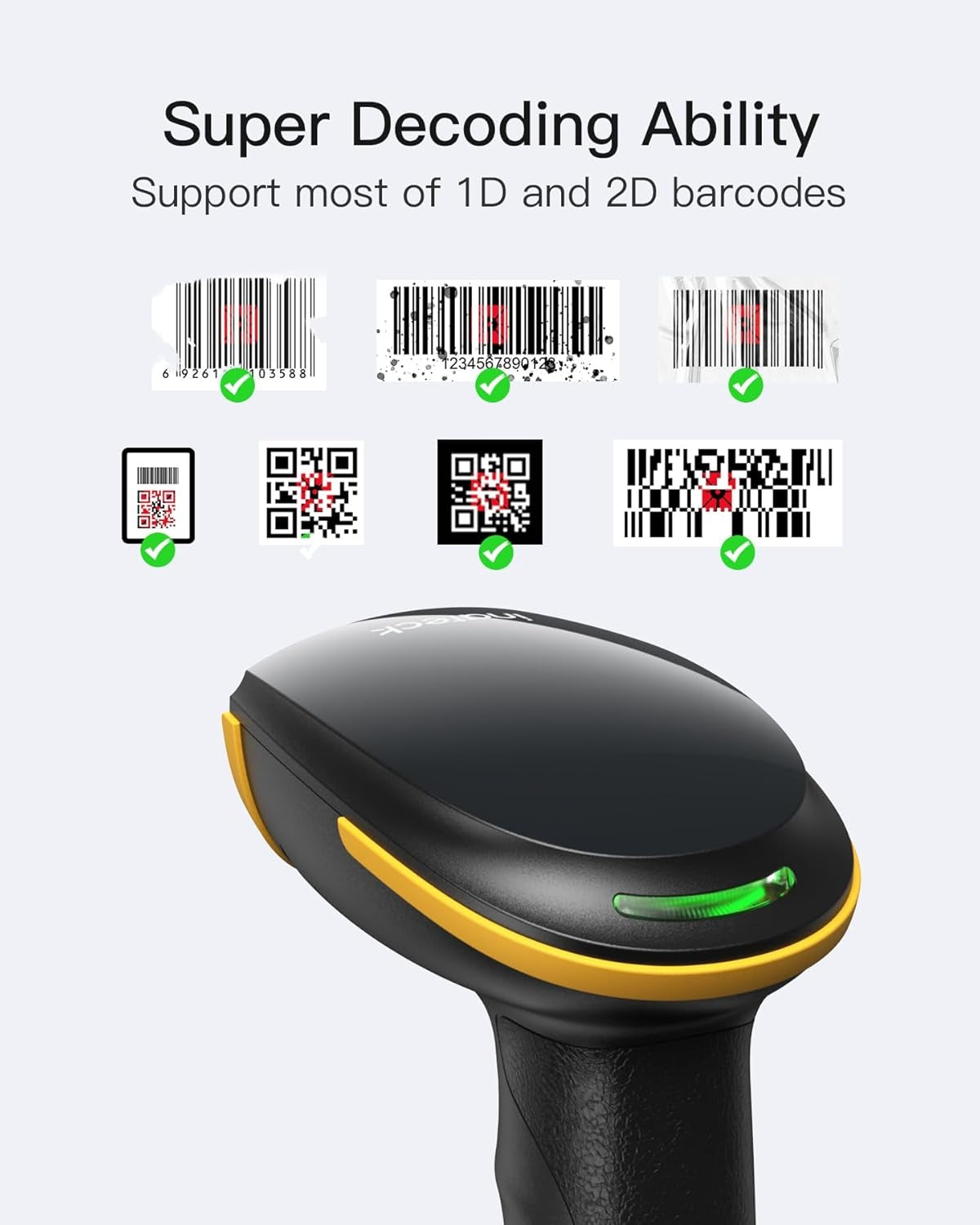 2D QR Viivakoodinlukija, Langaton, 2600mAh akku, Plug and Play