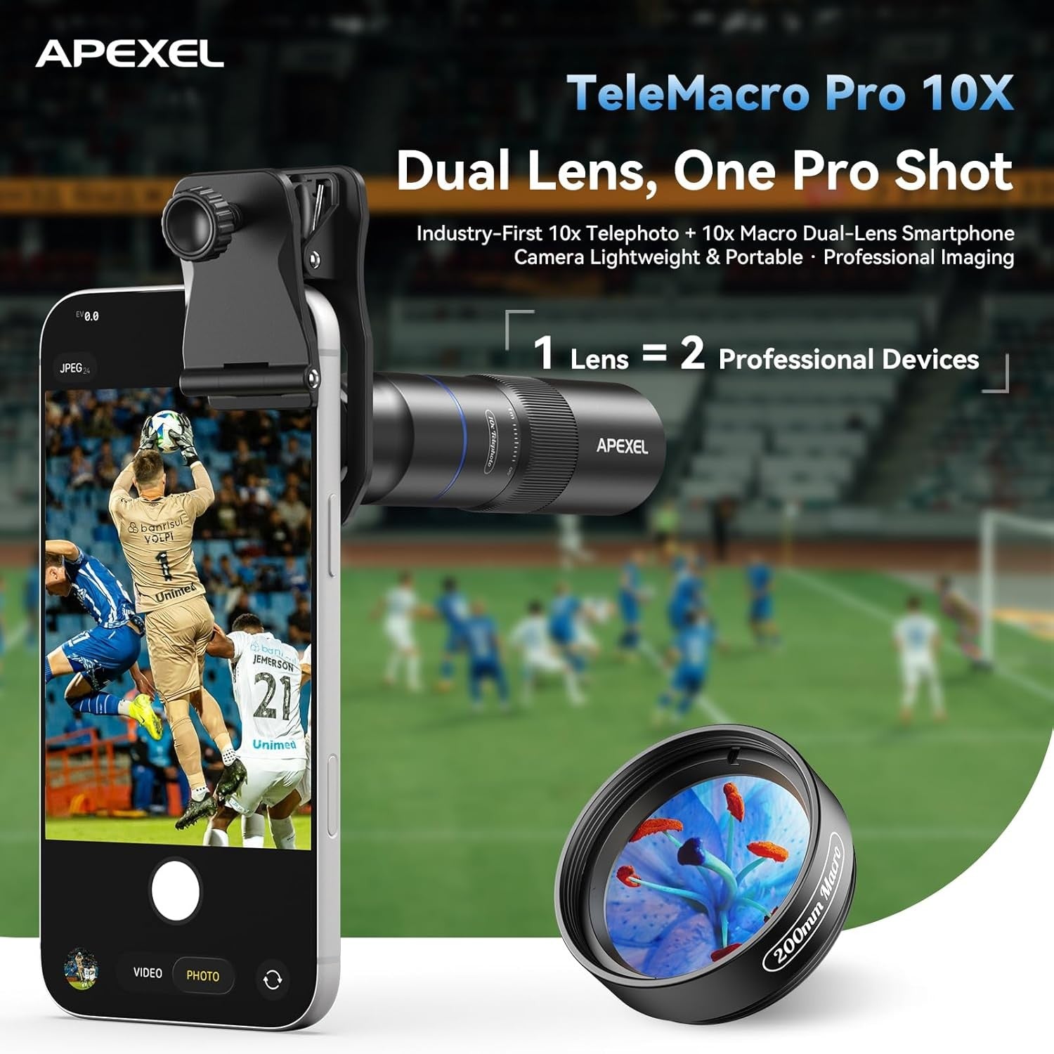 APEXEL 10X Tele-Macro Pro Dual Lens 2-in-1, kannettava tele- ja makro-objektiivi klipsikiinnityksellä älypuhelimille