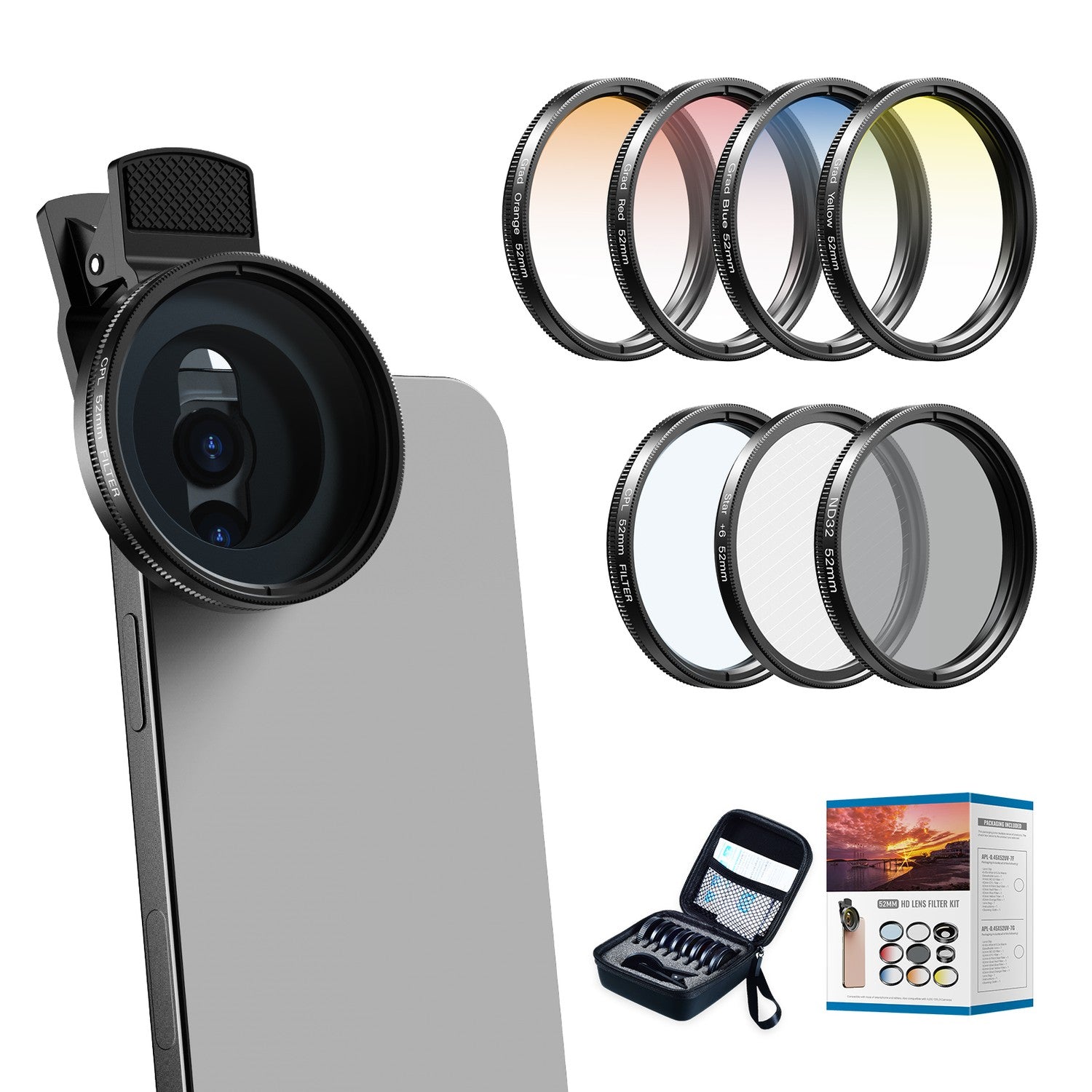 APEXEL 52mm Clip-on Graduated Color Polarizer, Linssisuodinsarja – Ammattimainen