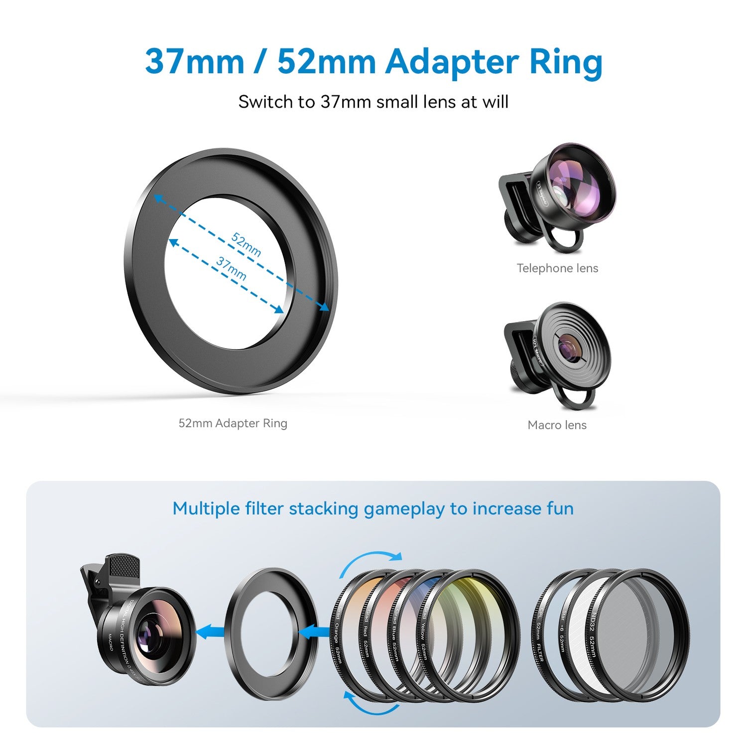 APEXEL 52mm Clip-on Graduated Color Polarizer, Linssisuodinsarja – Ammattimainen