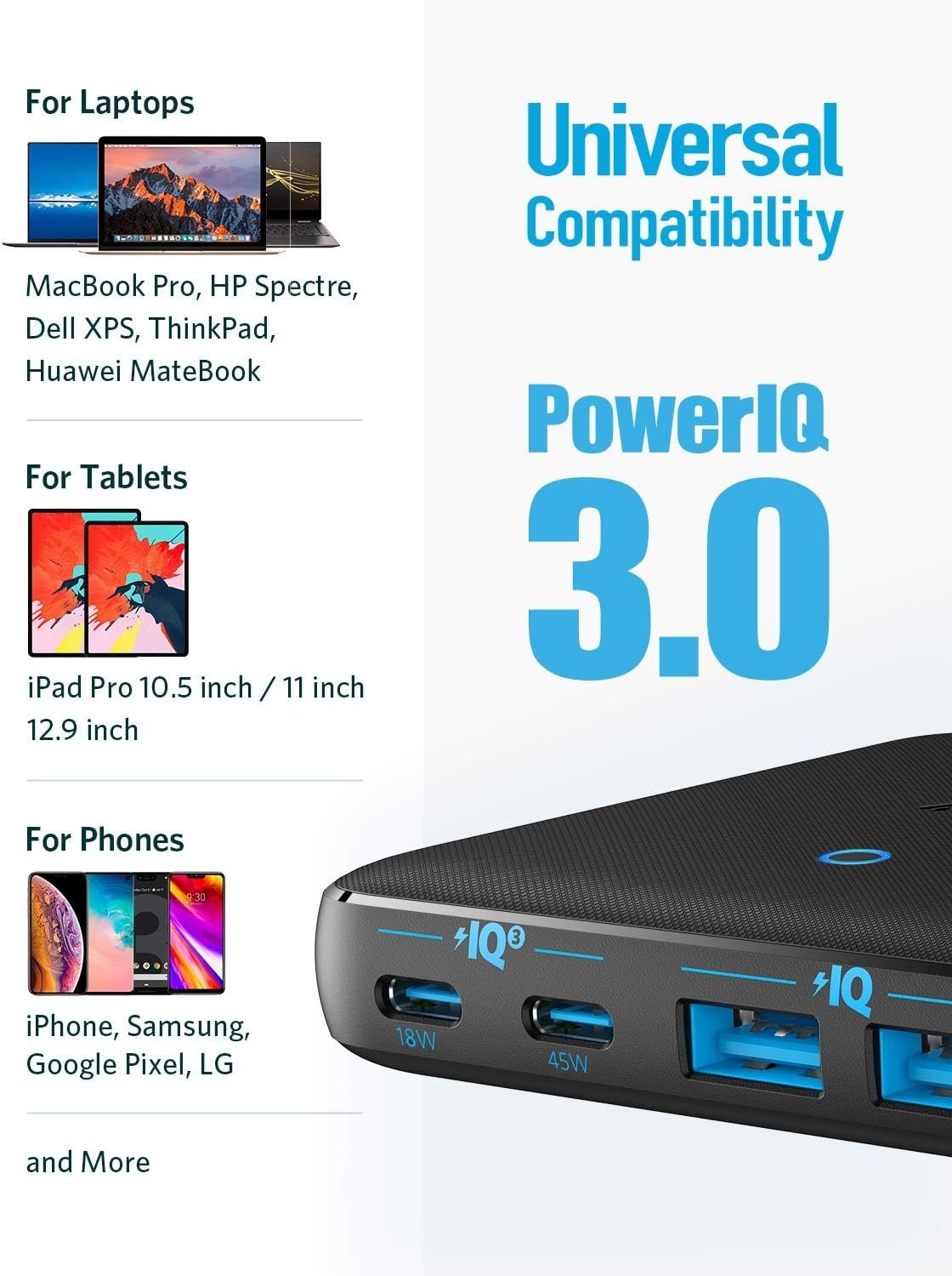 Anker PowerPort Atom III Slim seinälaturi, Kaksois USB-C-portit ja Kaksois USB-A-portit (65W Maksimi), PIQ 3.0, GaN-materiaali.