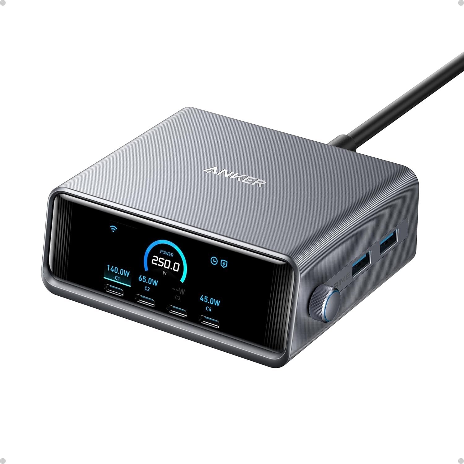 Anker Prime 250 W USB-C-laturi, Erittäin nopea 6-porttinen GaN, 6 cm LCD-näyttö, Smart Control -ohjain