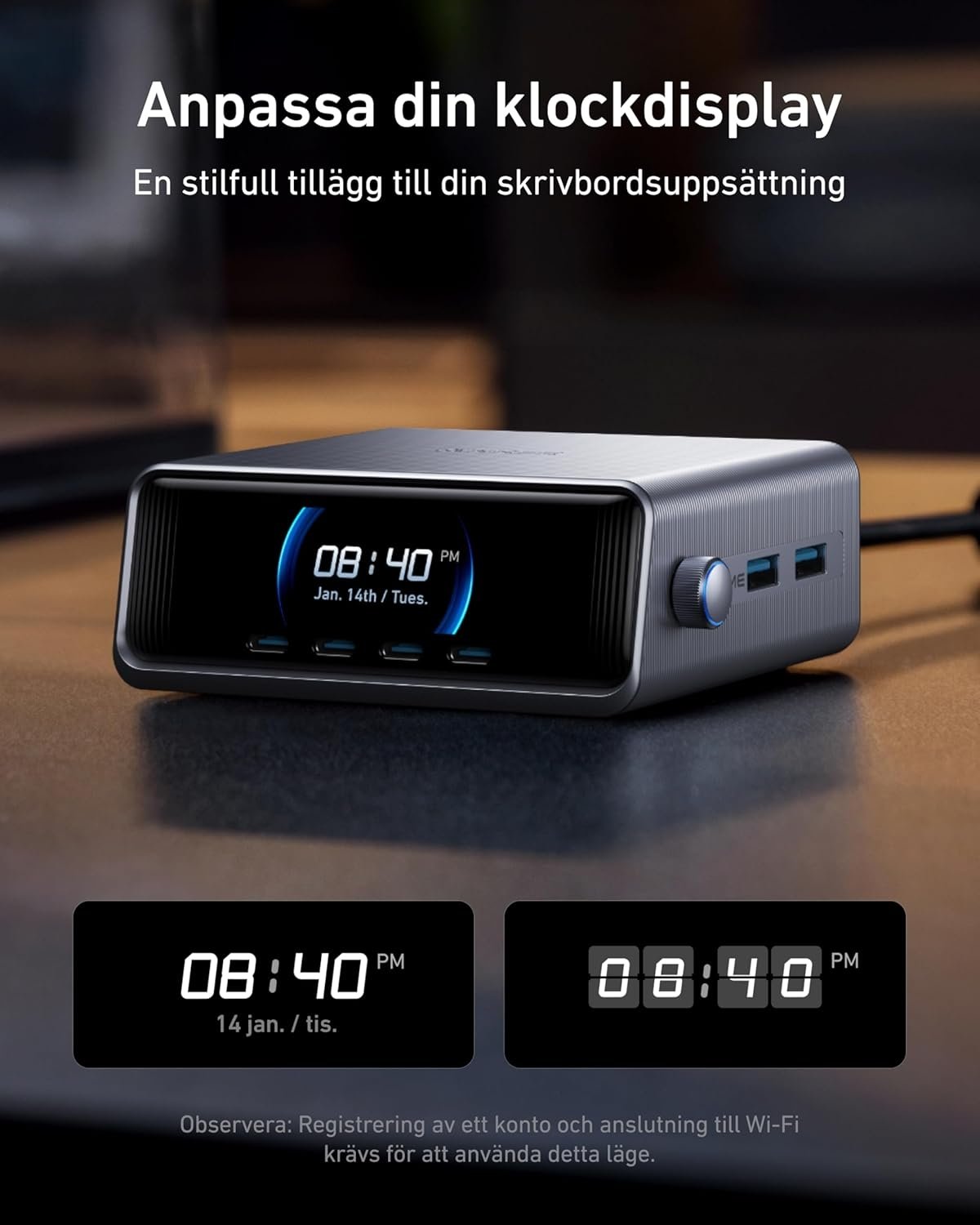 Anker Prime 250 W USB-C-laturi, Erittäin nopea 6-porttinen GaN, 6 cm LCD-näyttö, Smart Control -ohjain