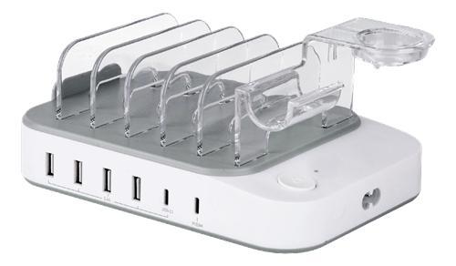 DELTACO USB-latausasema 6 laitteelle, 4x USB-A, 2x USB-C, pikalataus, yhteensä 50 W, valkoinen
