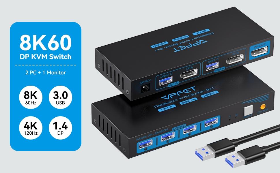 NÖRDIC KVM-kytkin 2–1 DisplayPort–DisplayPort, 8K60Hz/4K120Hz, 4x USB-A