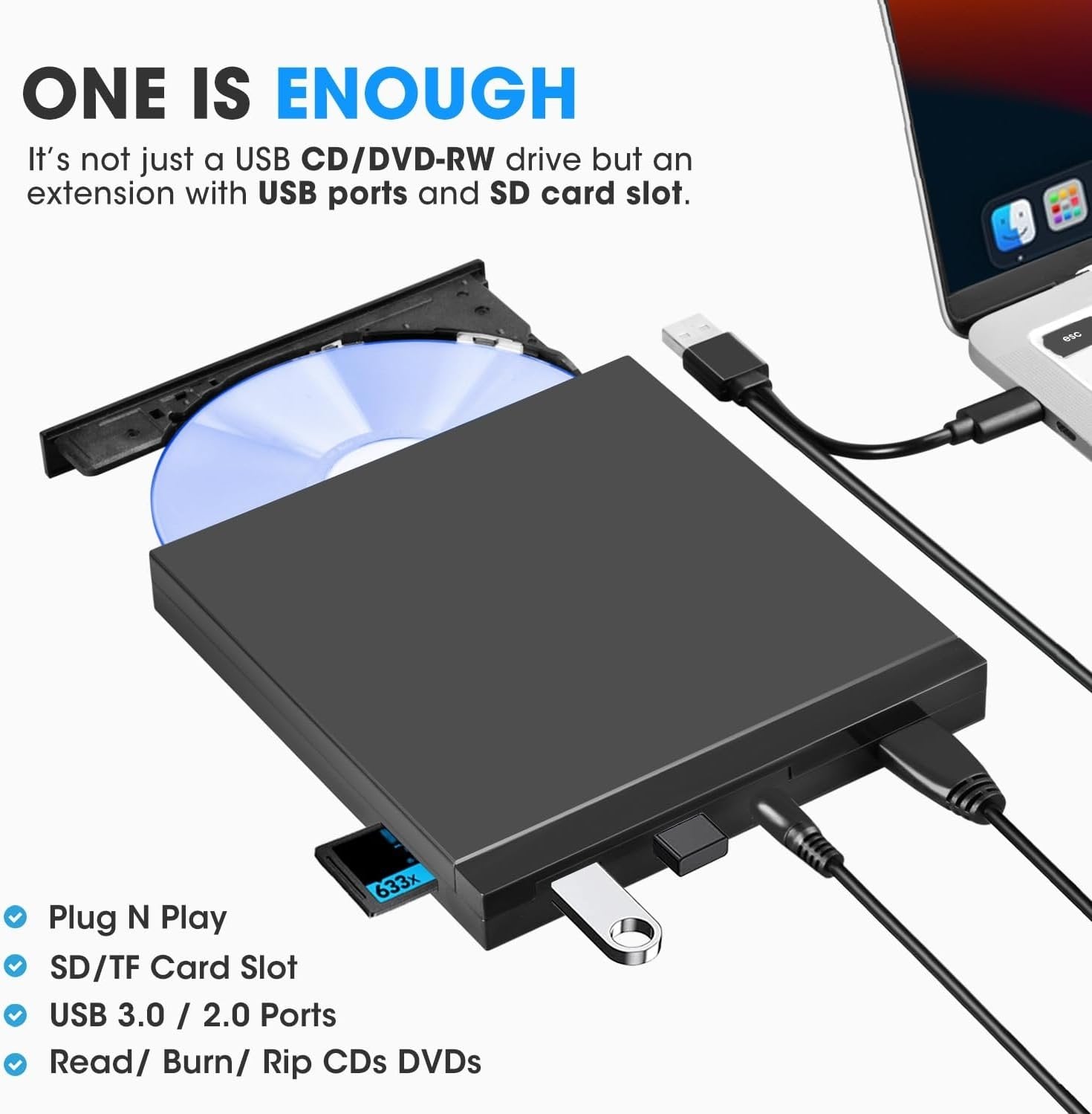 NÖRDIC Kannettava CD-poltin ja soitin sekä USB-keskitin SD/Micro-SD-kortinlukijalla