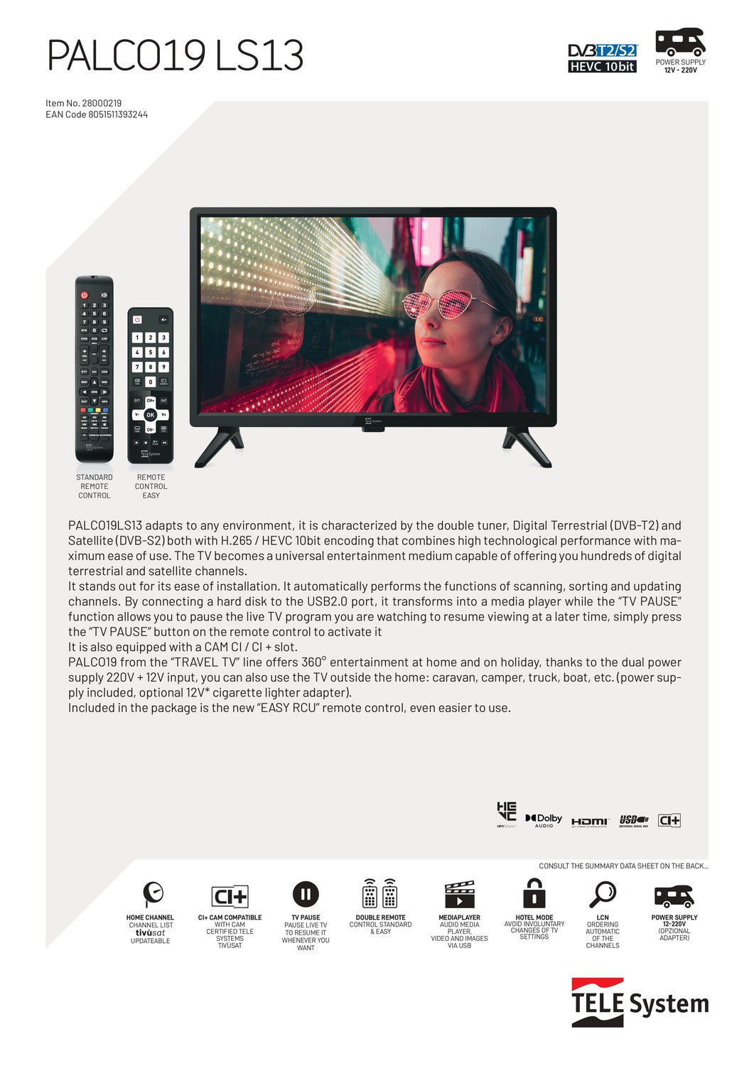 Full HD TV 19tum 12V DC 100-240V för båt husvagn husbil DVB-T2 DVB-S2 VESA 100x100 PALCO PALCO 19LS13