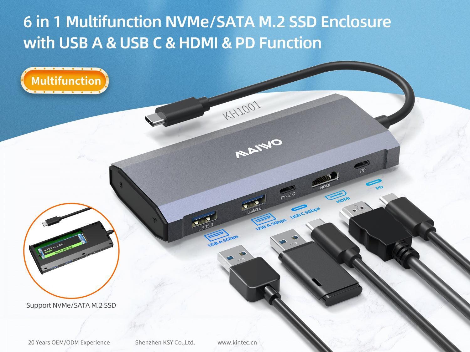 MAIWO 1 - 6 Telakointiasema 1xNVMe/SATA 1xHDMI 4K60Hz, 2xUSB-A 1xUSB-C 5Gbps 1xUSB-C PD100W
