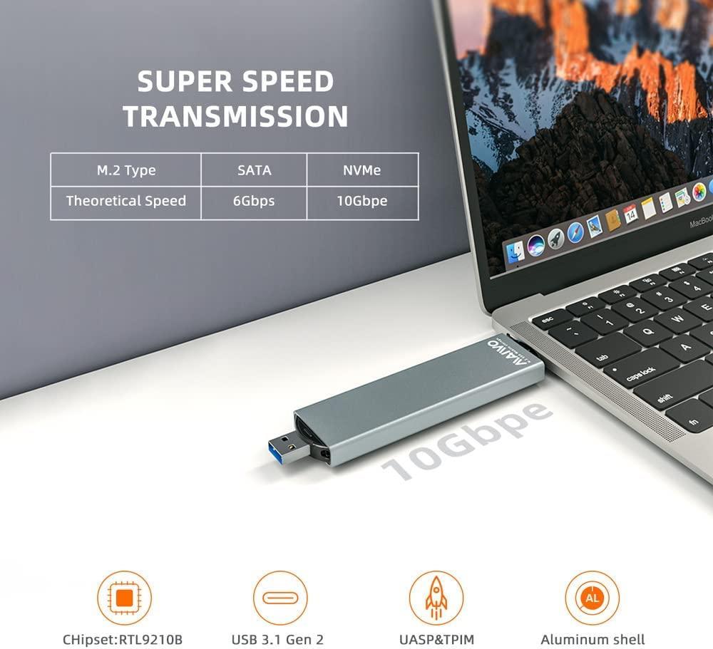 Maiwo K1683P2 Ulkoinen kaappi M.2 NVMe ja SATA SSD USB A ja USB C 10 Gb/s B-Key ja B&M-Key UASP 2280 2260 2242 2230 alumiinia