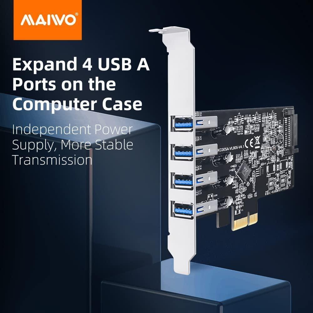 Maiwo KC005A PCI Express x1 -kortti neljälle ulkoiselle USB-A 3.1 5Gbps:lle
