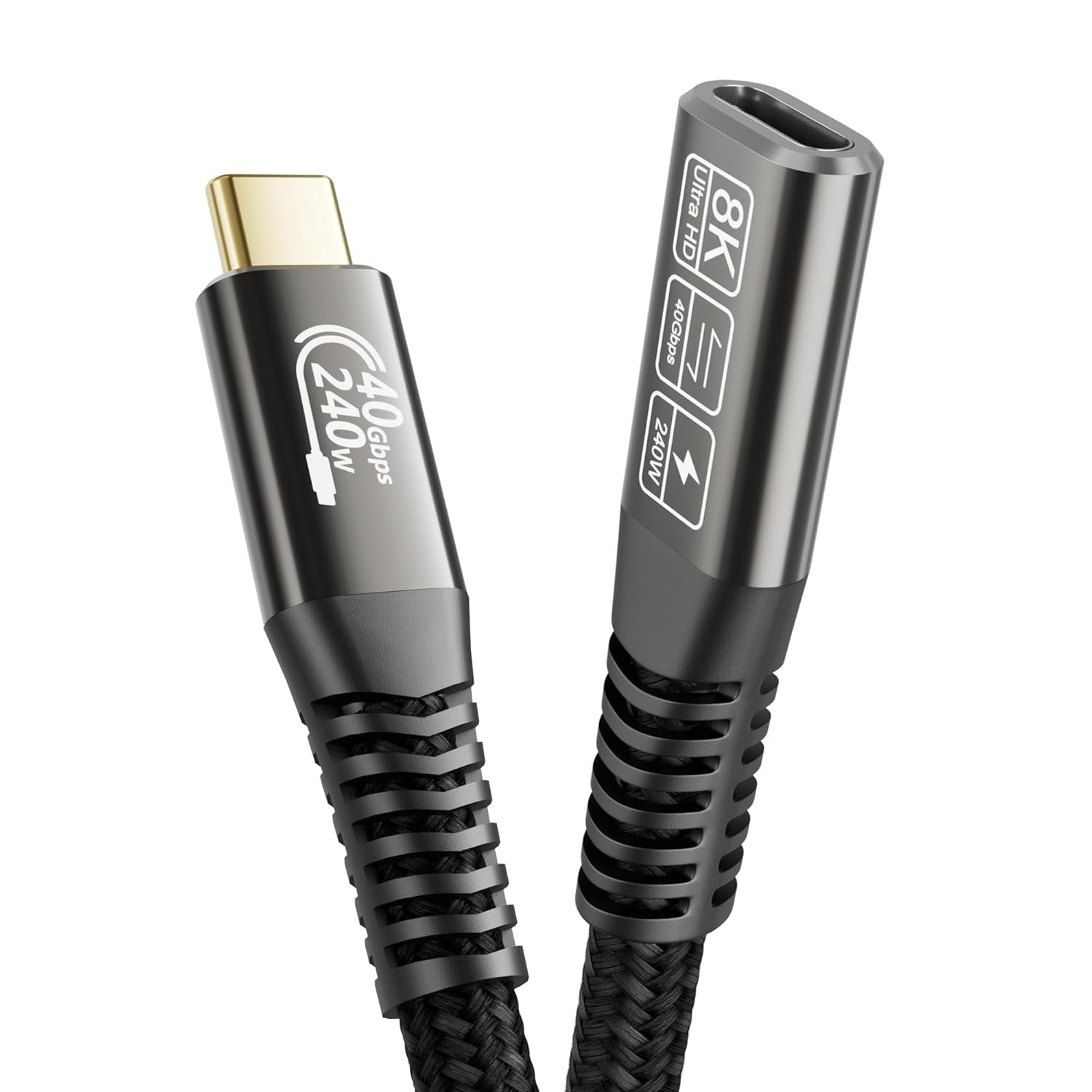 NÖRDIC 0,5m Thunderbolt 4 jatkokaapeli, USB-C uros naaras, 240W pikalataus, 40Gbps, 8K 60Hz