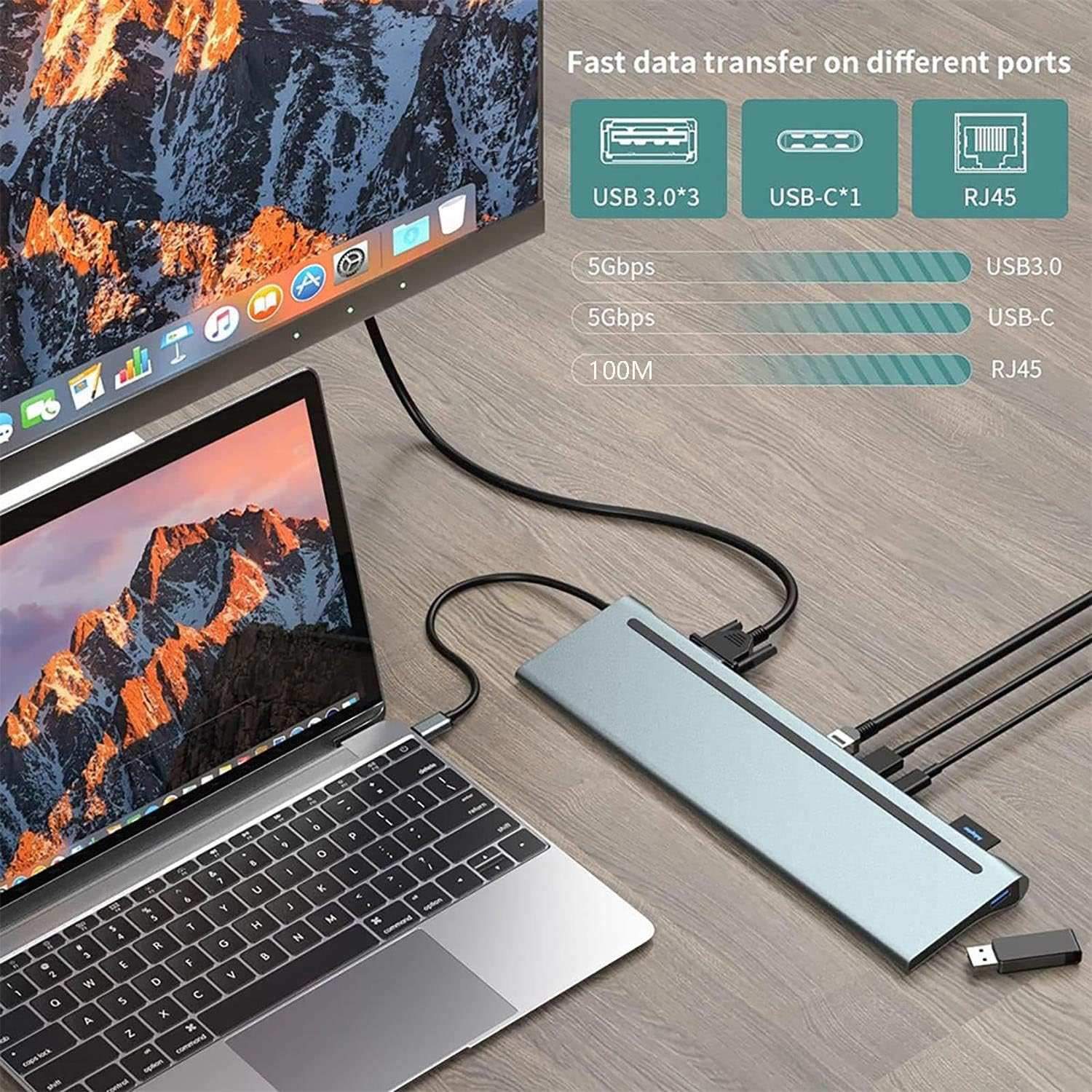 NÖRDIC 1-12 USB-C-telakointiasema kolminkertaisille näytöille 2xHDMI 4K30Hz, 1xVGA, USB-C PD 100W, Thunderbolt 3 & 4