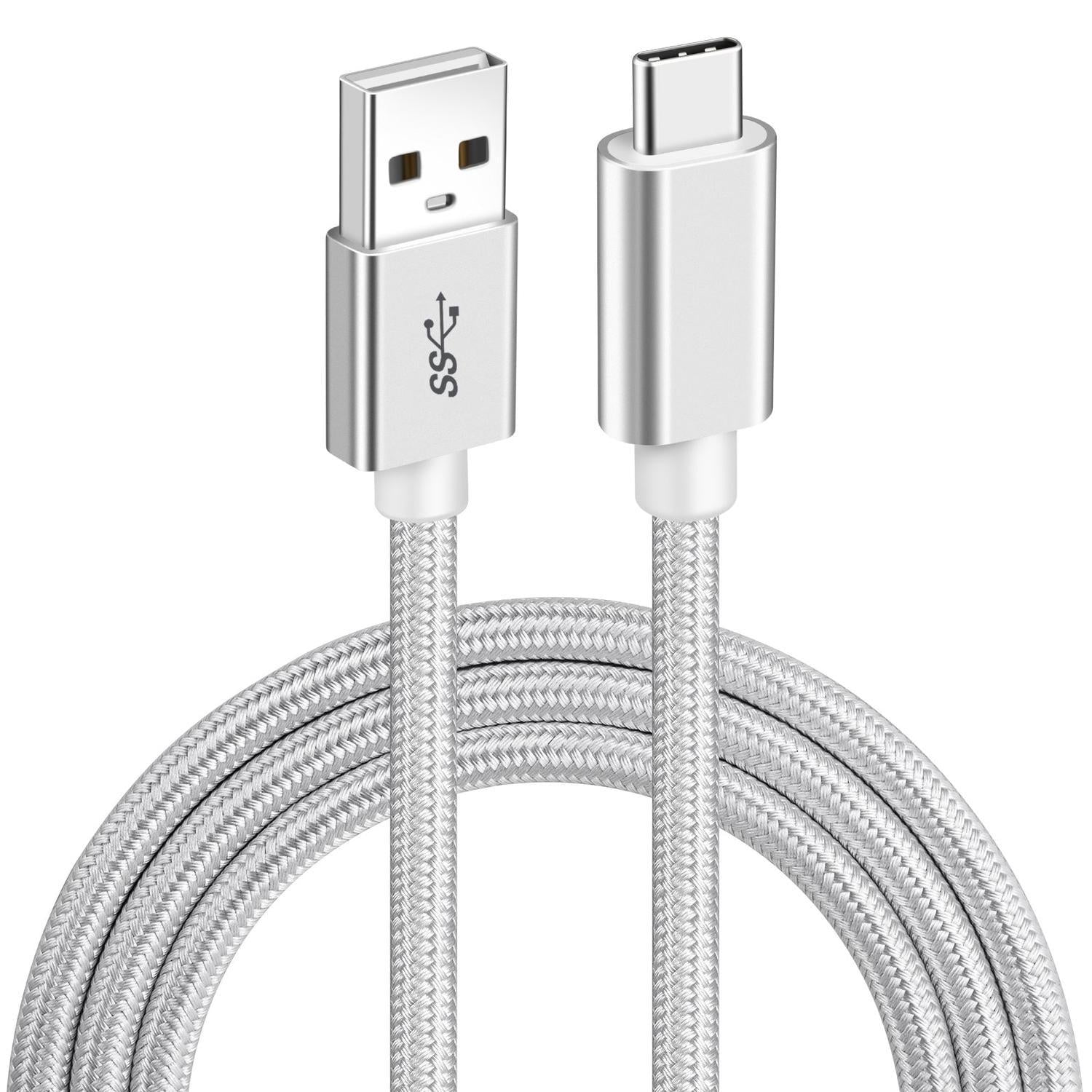 NÖRDIC 1m USB-C USB-A kaapeli USB3.1 Gen1 Nopea lataus 3A 60W 5Gbps Nylon Braided White