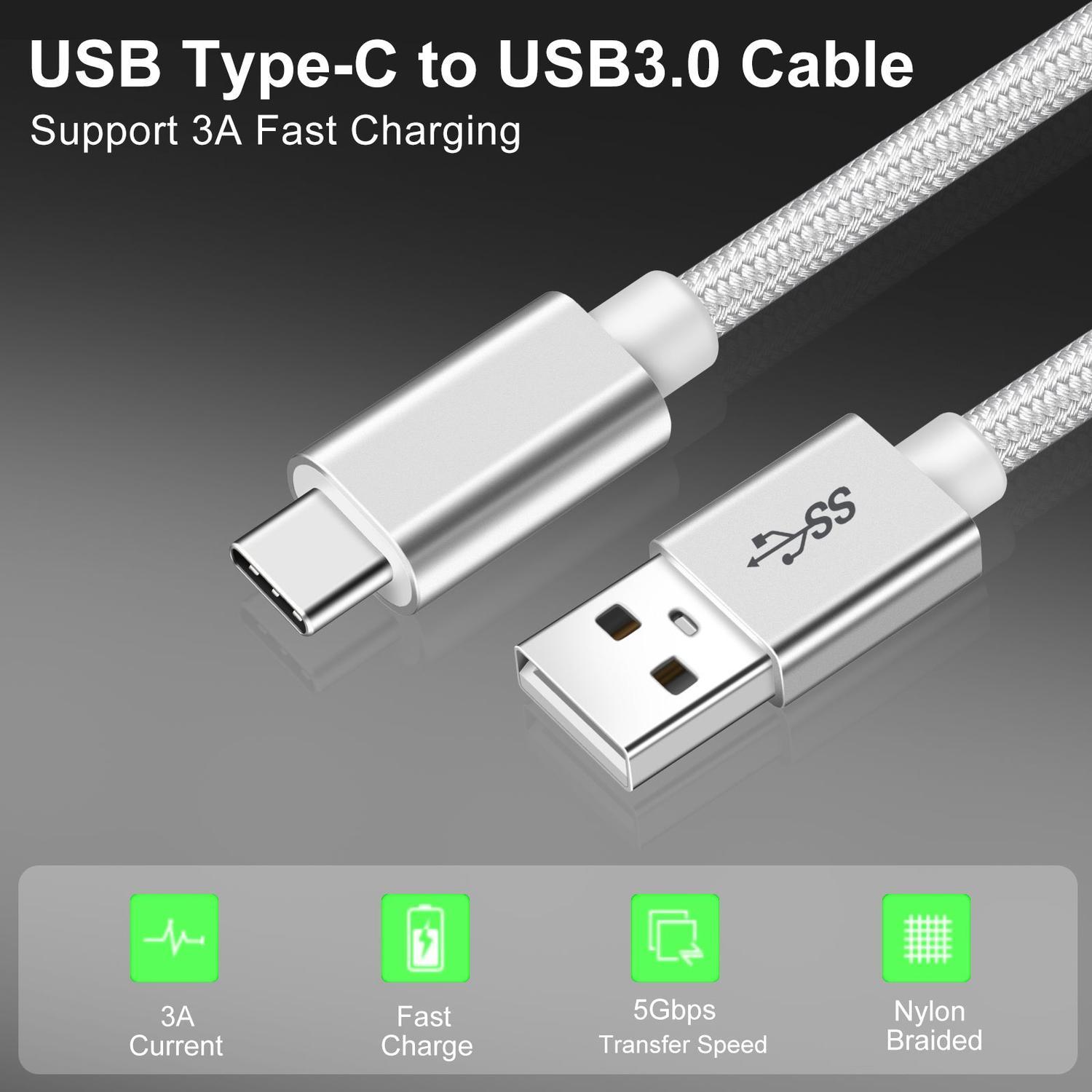 NÖRDIC 1m USB-C USB-A kaapeli USB3.1 Gen1 Nopea lataus 3A 60W 5Gbps Nylon Braided White