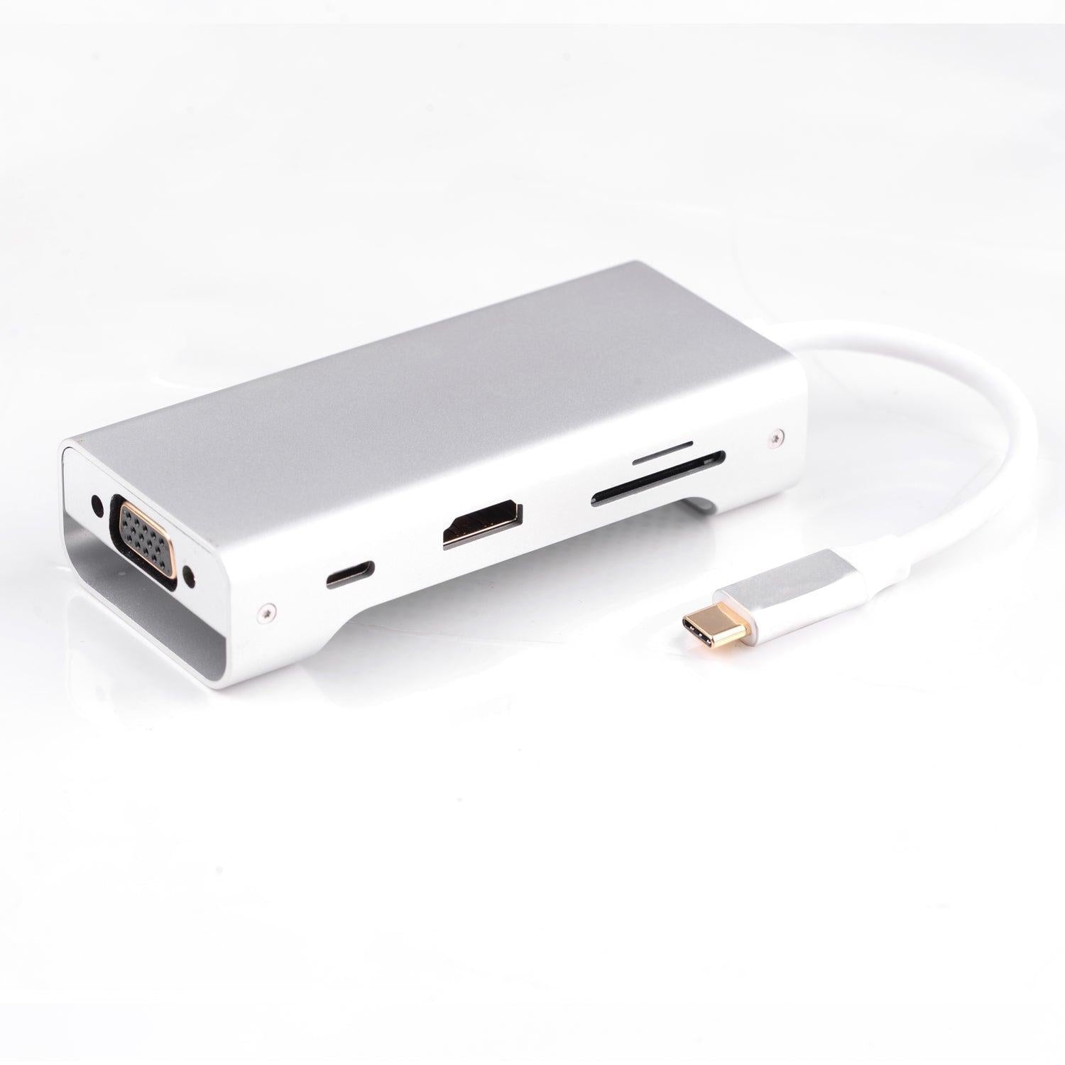 NÖRDIC 1–8 USB C, alumiinia, telakointiasema 1x HDMI 4K 30 Hz, 1x VGA 1080p, 3x USB 3.1. 5 Gb/s, 1x USB C, PD 87 W/TF kortinlukija, hopea