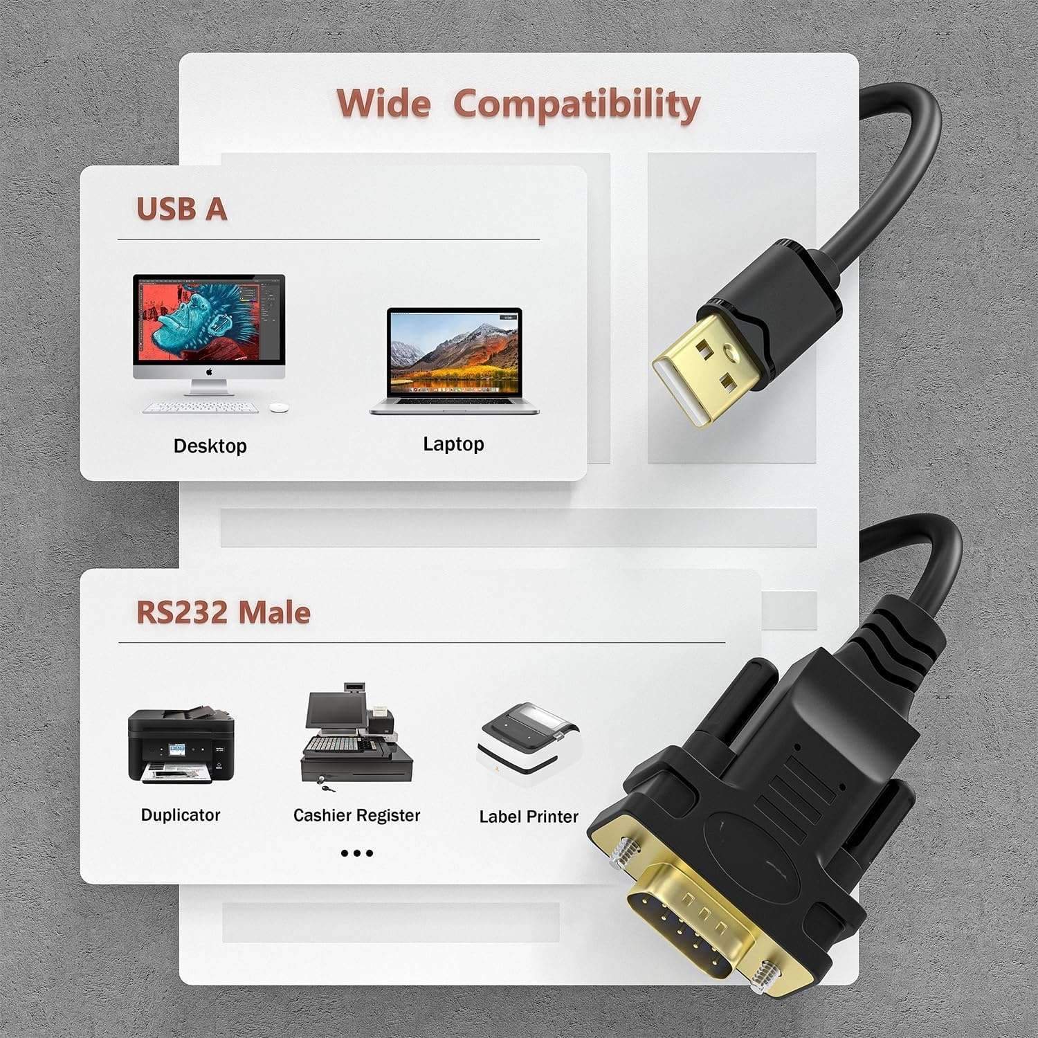 USB-A to RS232 DB9 uroskaapeli sarjalaitteille FTDI-sirulla