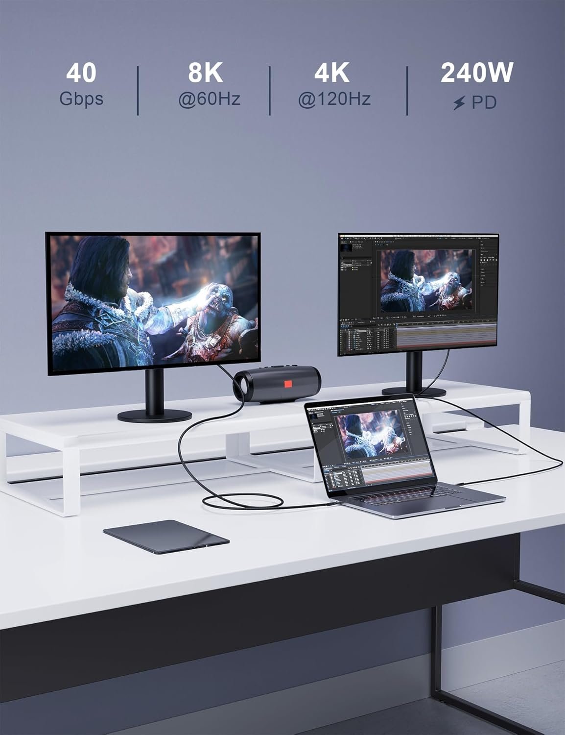 NÖRDIC 1m Thunderbolt 4 jatkokaapeli, USB-C uros-naaras, 240W pikalataus, 40Gbps, 8K 60Hz