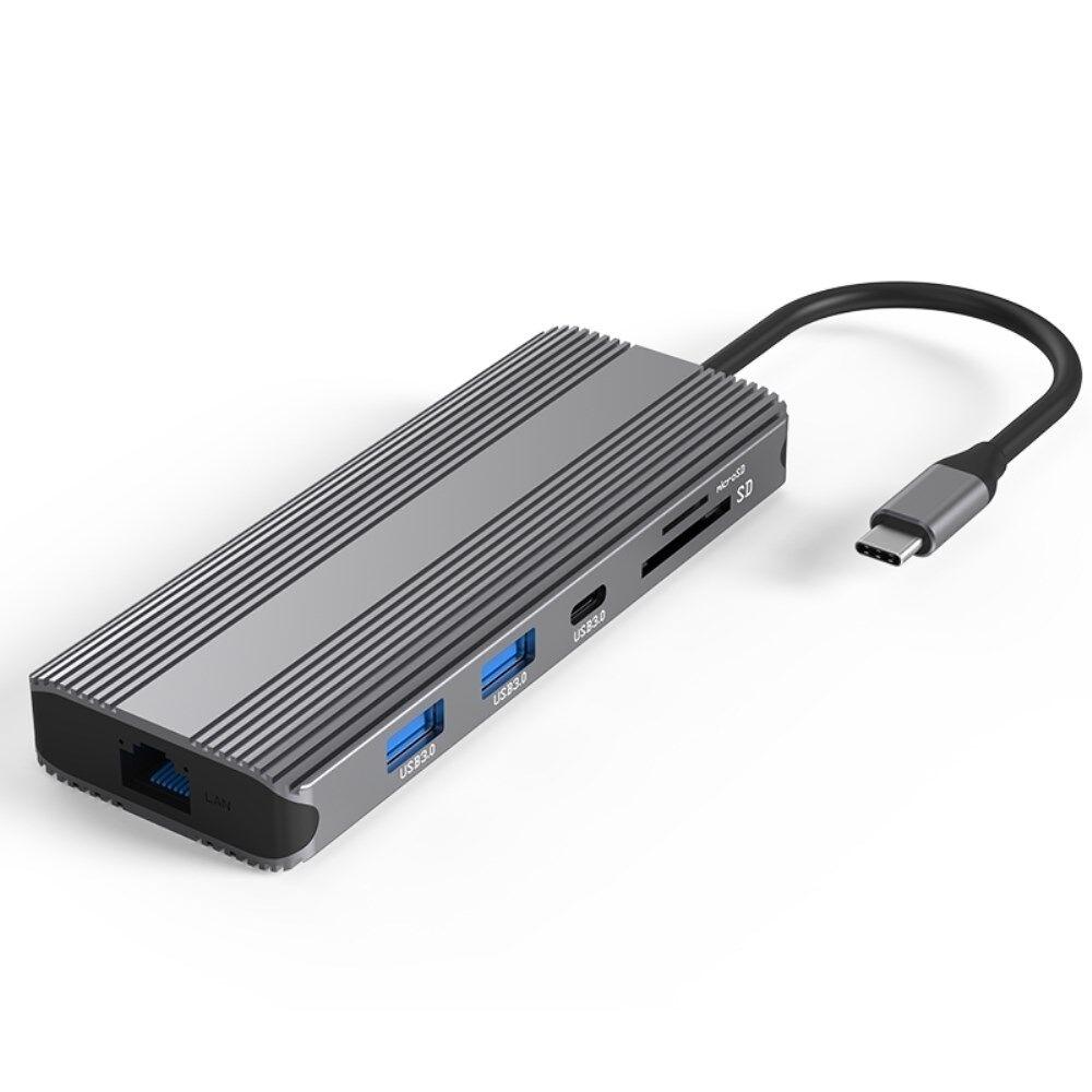 NÖRDIC 1-10 USB-C-telakointiasema 1xHDMI 8K30Hz 1XHDMI 4K60Hz 2xUSB3.0, 1xUSB-C, 1xRJ45 GigaLan, 1xPD 87W, 1xSD & 1xMicroSD 1xAux-stereo