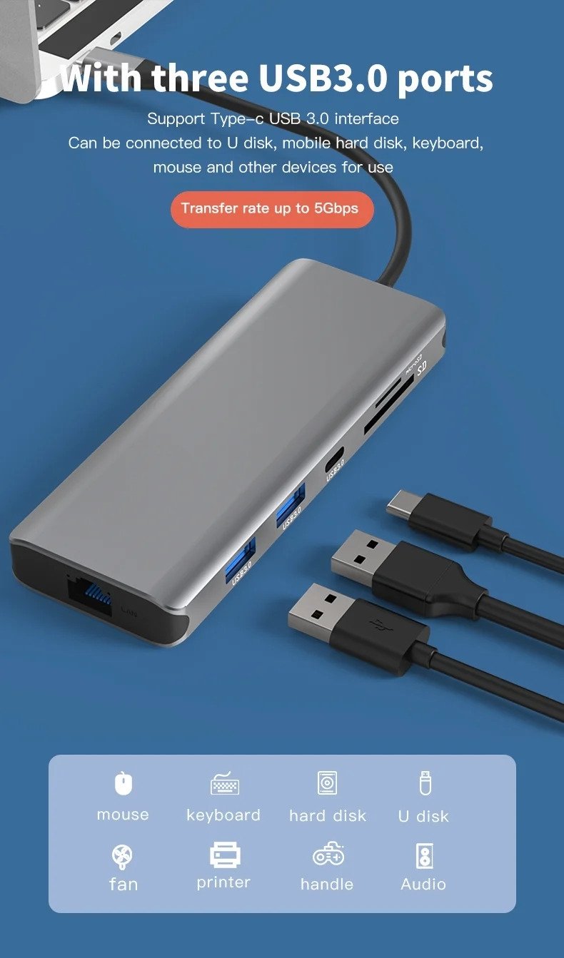 NÖRDIC 1-10 USB-C-telakointiasema 1xHDMI 8K30Hz 1XHDMI 4K60Hz 2xUSB3.0, 1xUSB-C, 1xRJ45 GigaLan, 1xPD 87W, 1xSD & 1xMicroSD 1xAux-stereo