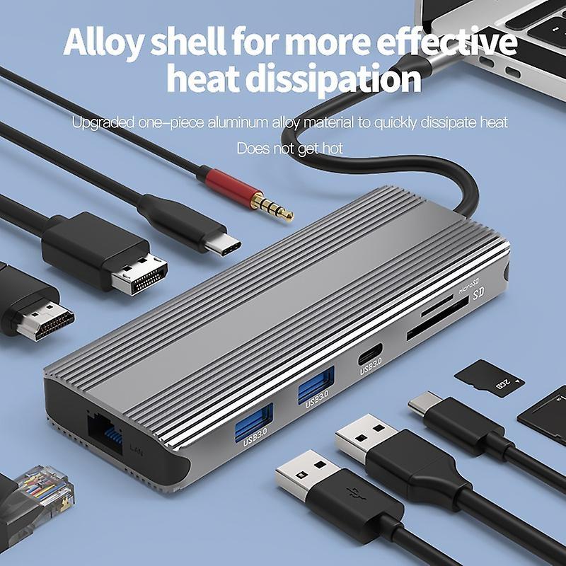 NÖRDIC 1-10 USB-C-telakointiasema 1xHDMI 8K30Hz 1xDP8K 30Hz 2xUSB3.0, 1xUSB-C, 1xRJ45 GigaLan, 1xPD 87W, 1xSD & 1xMicroSD 1xAux-stereo