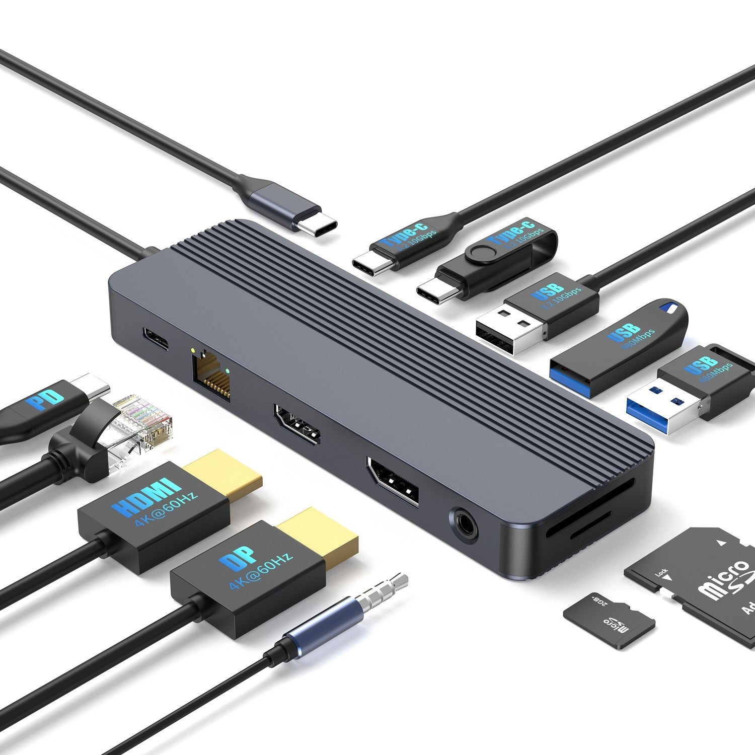 NÖRDIC 1–12 USB-C Telakointiasema Kaksinäyttöihin, 1xHDMI 4K60Hz, 1xDP 4K60Hz, 1xUSB-C PD 100W, 2xUSB-C, 3xUSB-A, Ethernet-liitännällä