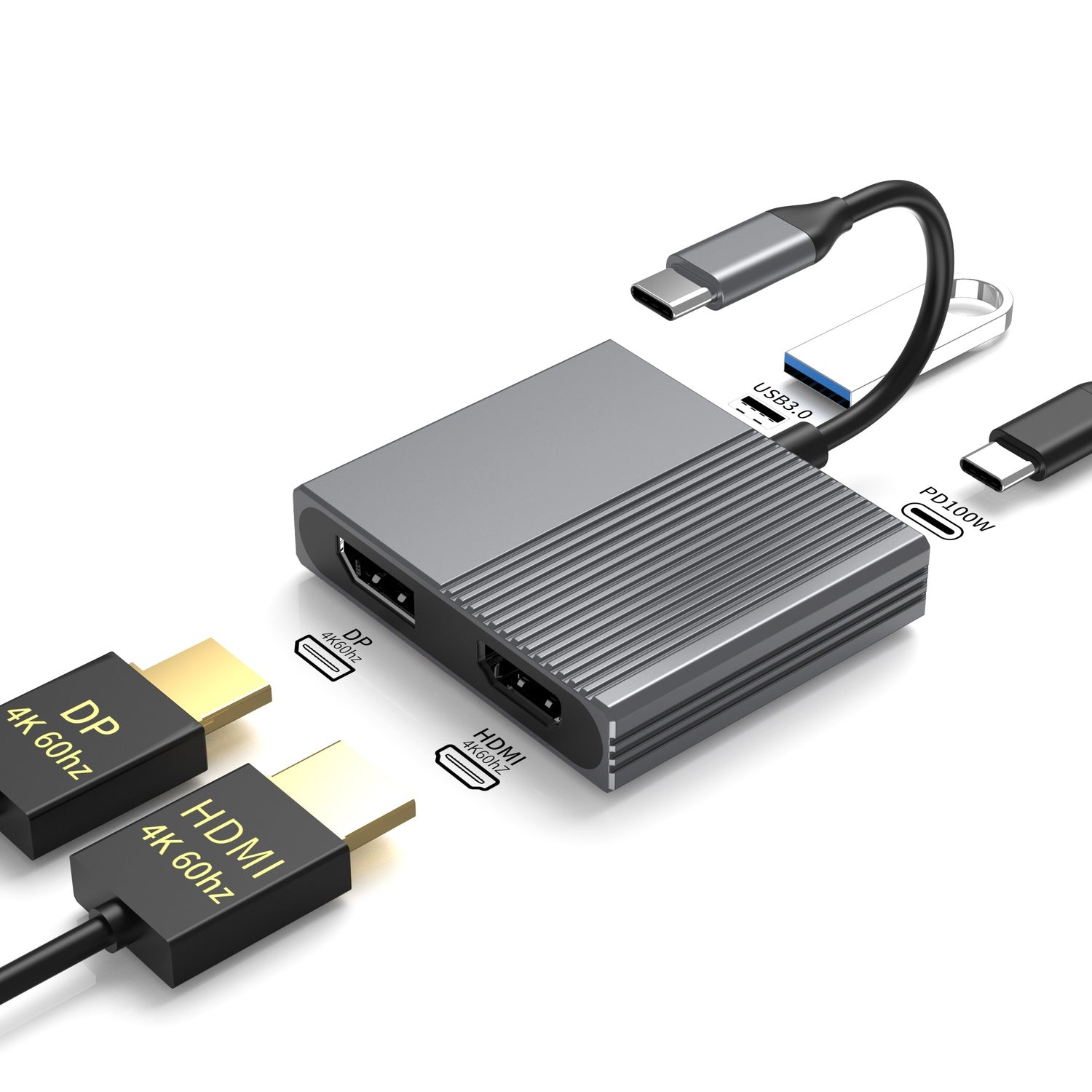 NÖRDIC 1–4 USB-C Telakointiasema 1xHDMI-4K60Hz, 1xDP-4K60Hz Kaksi näyttöä 1xUSB-C PD100W 1xUSB-A 5G