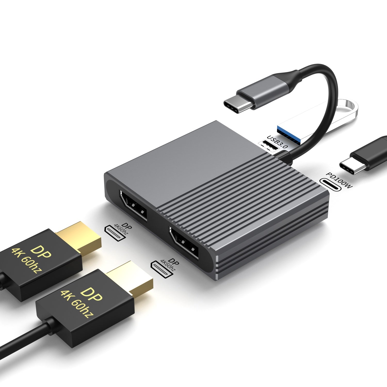 NÖRDIC 1–4 USB-C Telakointiasema 2xDP4K60Hz Kaksinäyttö 1xUSB-C PD100W 1xUSB-A 5G