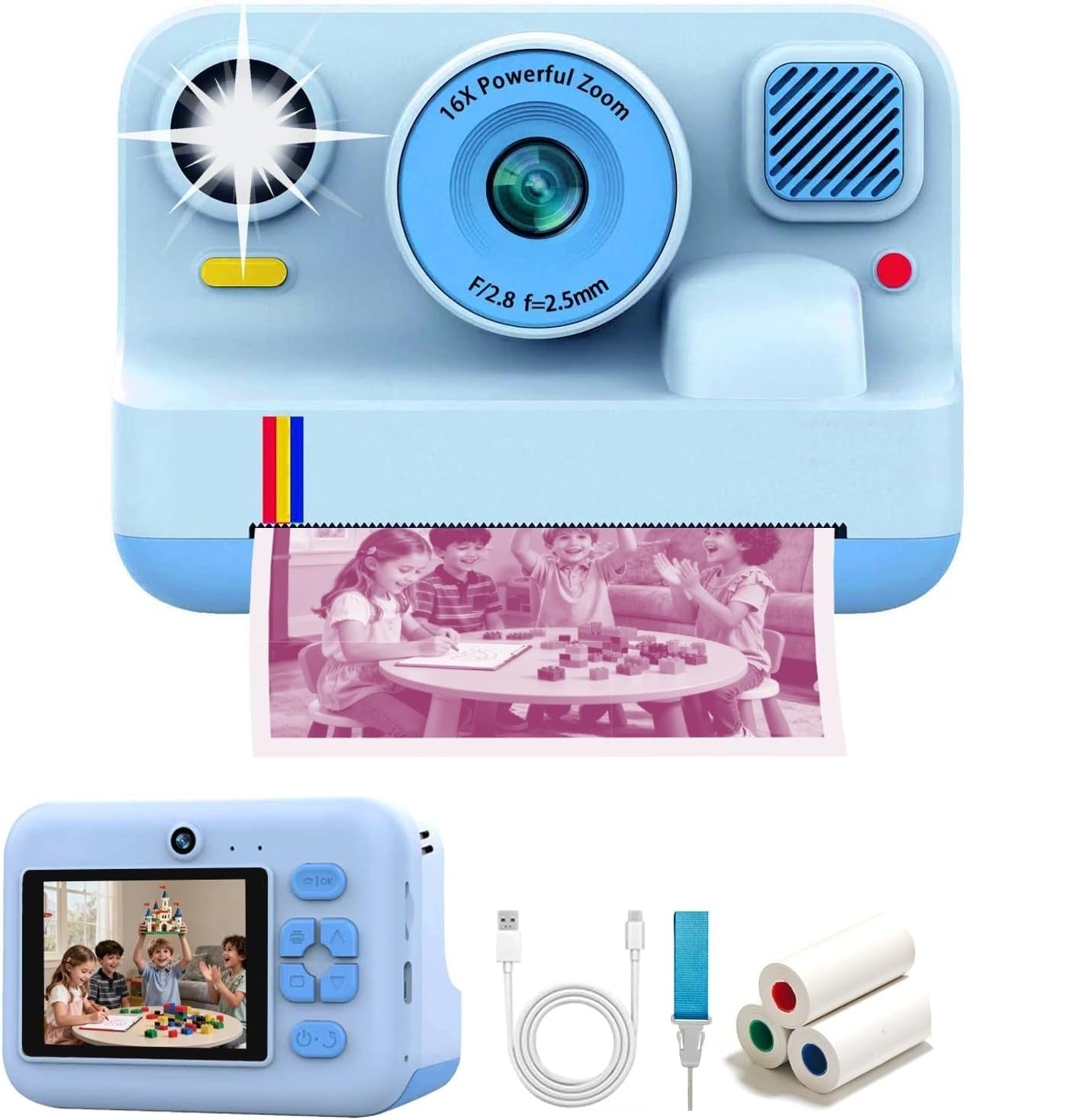 NÖRDIC 2,4" HD Instant-kamera, Mini kamera valokuvien tulostukseen/videotallennukseen, yhteensopiva sovellus, Sininen