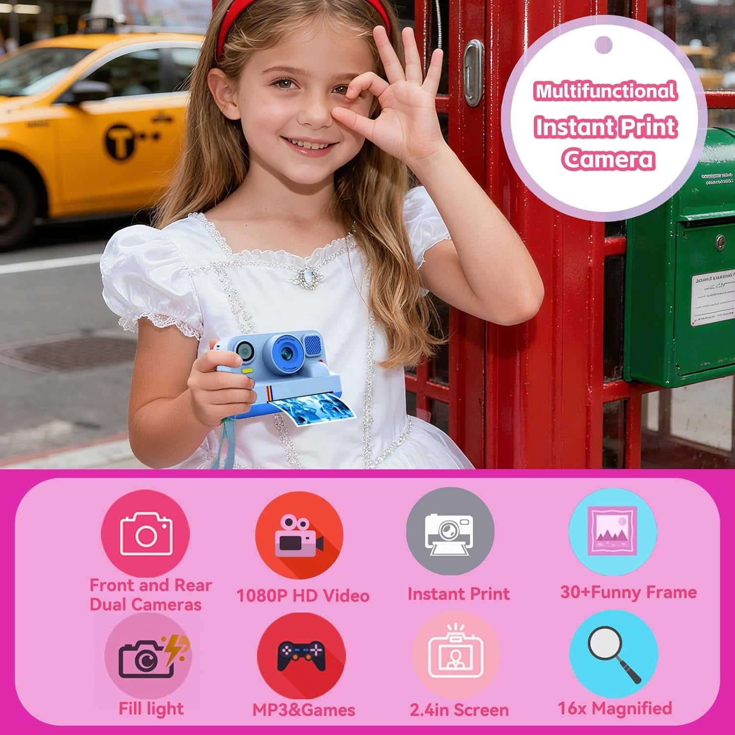 NÖRDIC 2,4" HD Instant-kamera, Mini kamera valokuvien tulostukseen/videotallennukseen, yhteensopiva sovellus, Sininen