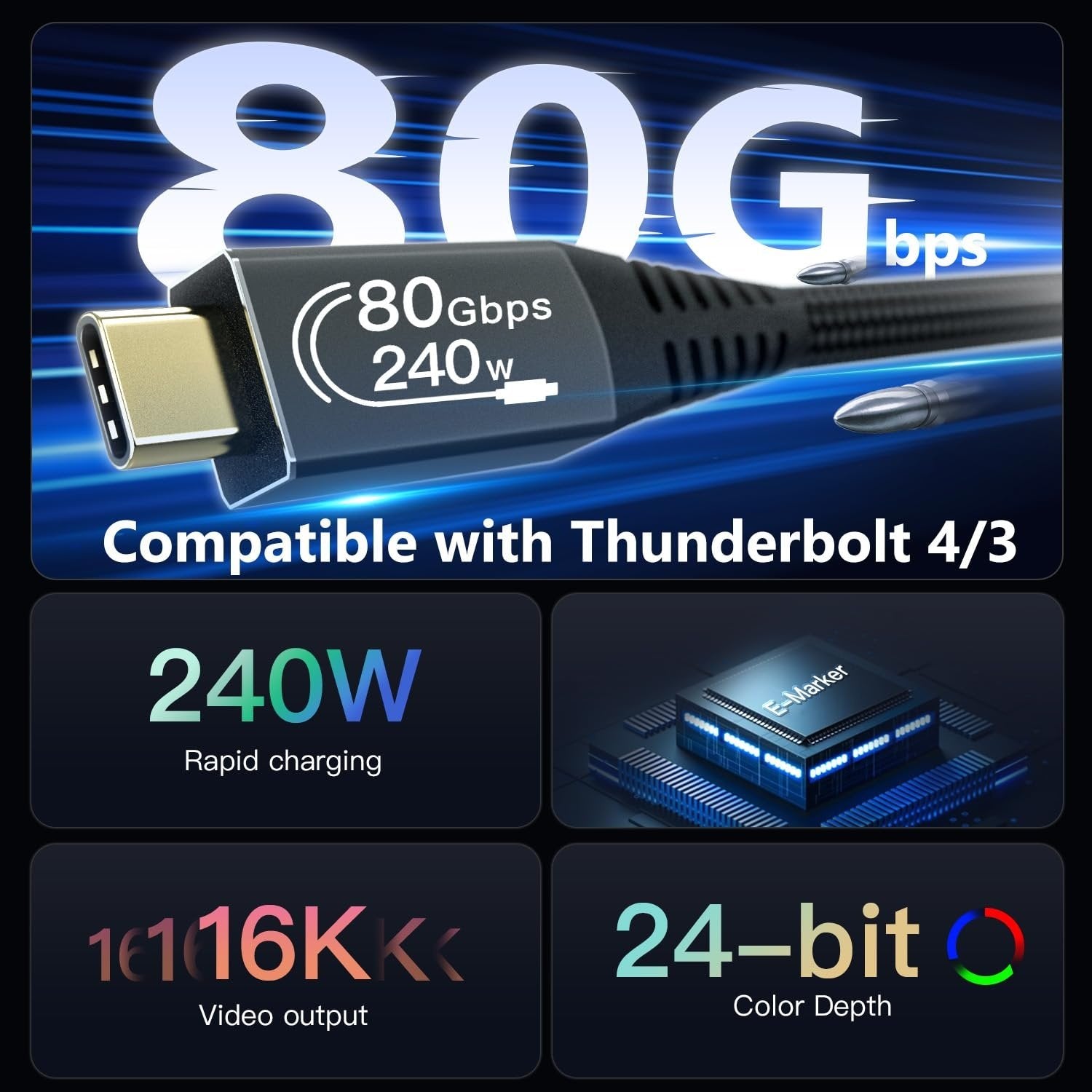 NÖRDIC 25cm Thunderbolt 5 kaapeli 80Gbps tietojen siirto 240W lataus 120Gbps kaistanleveys 16K60Hz 8K60Hz 4K540Hz