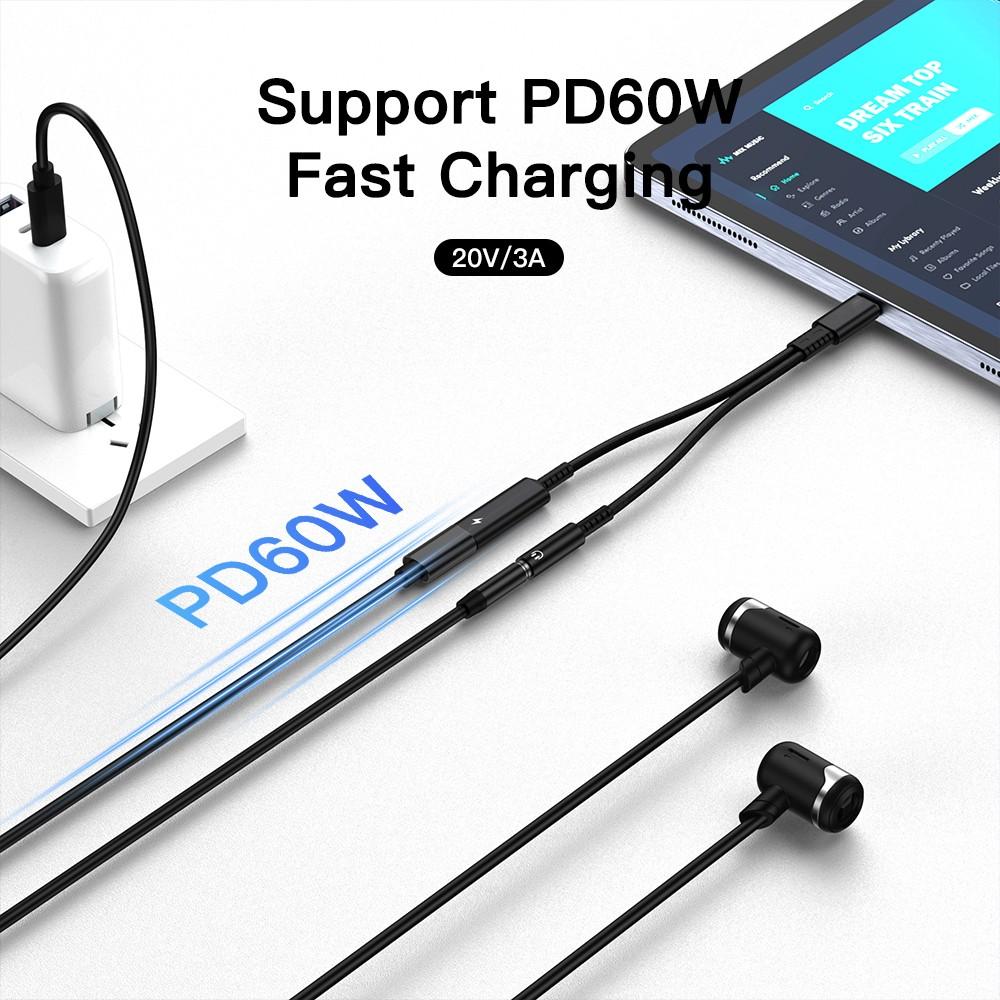 NÖRDIC 2 in 1 USB C - 3,5 mm kuulokesovitin 60 W latauksella