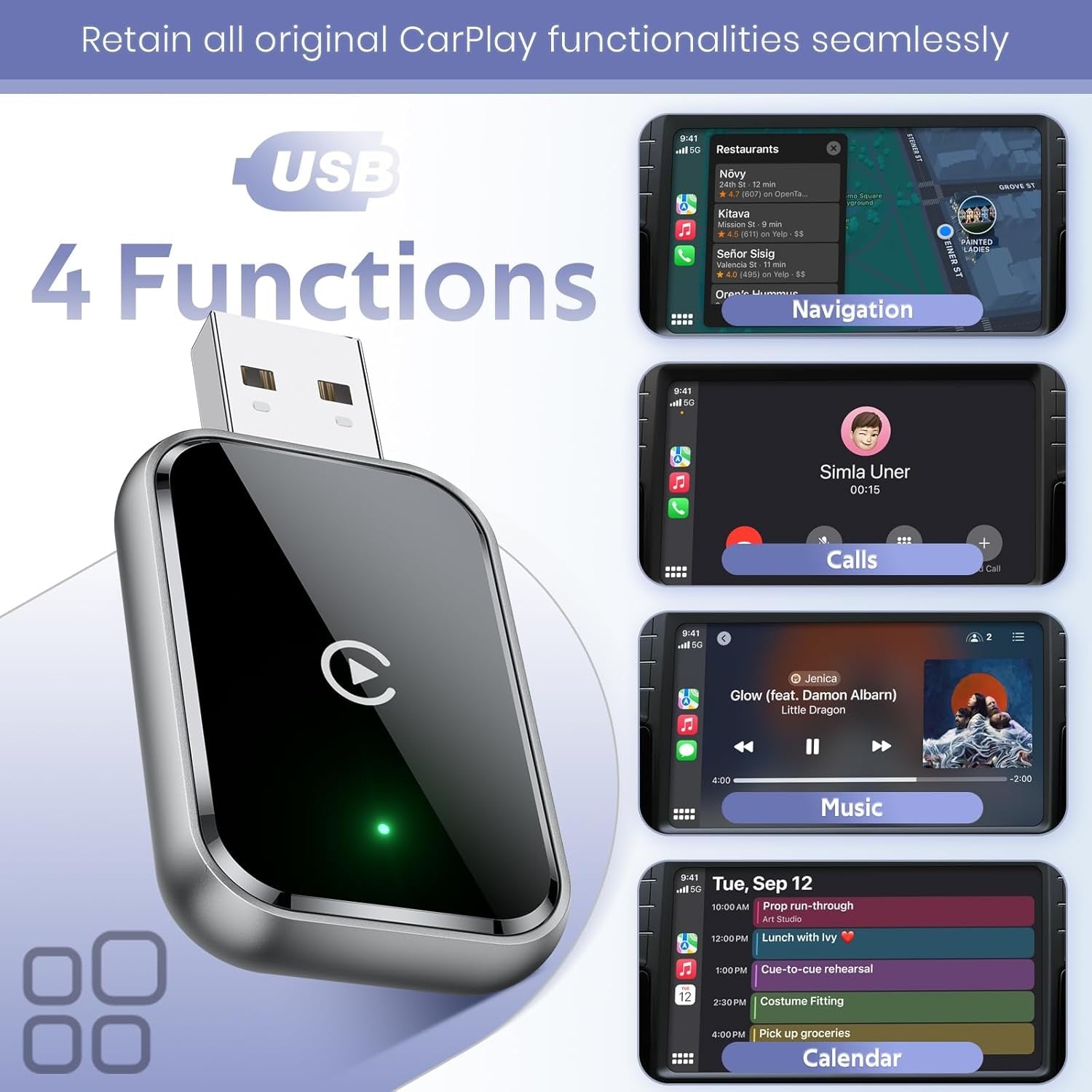 NÖRDIC 2-in-1 langaton Android CarPlay -sovitin, USB-C-adapterilla, Plug & Play, WiFi 5,8 GHz, tukee iOS 10+ ja Android 11+