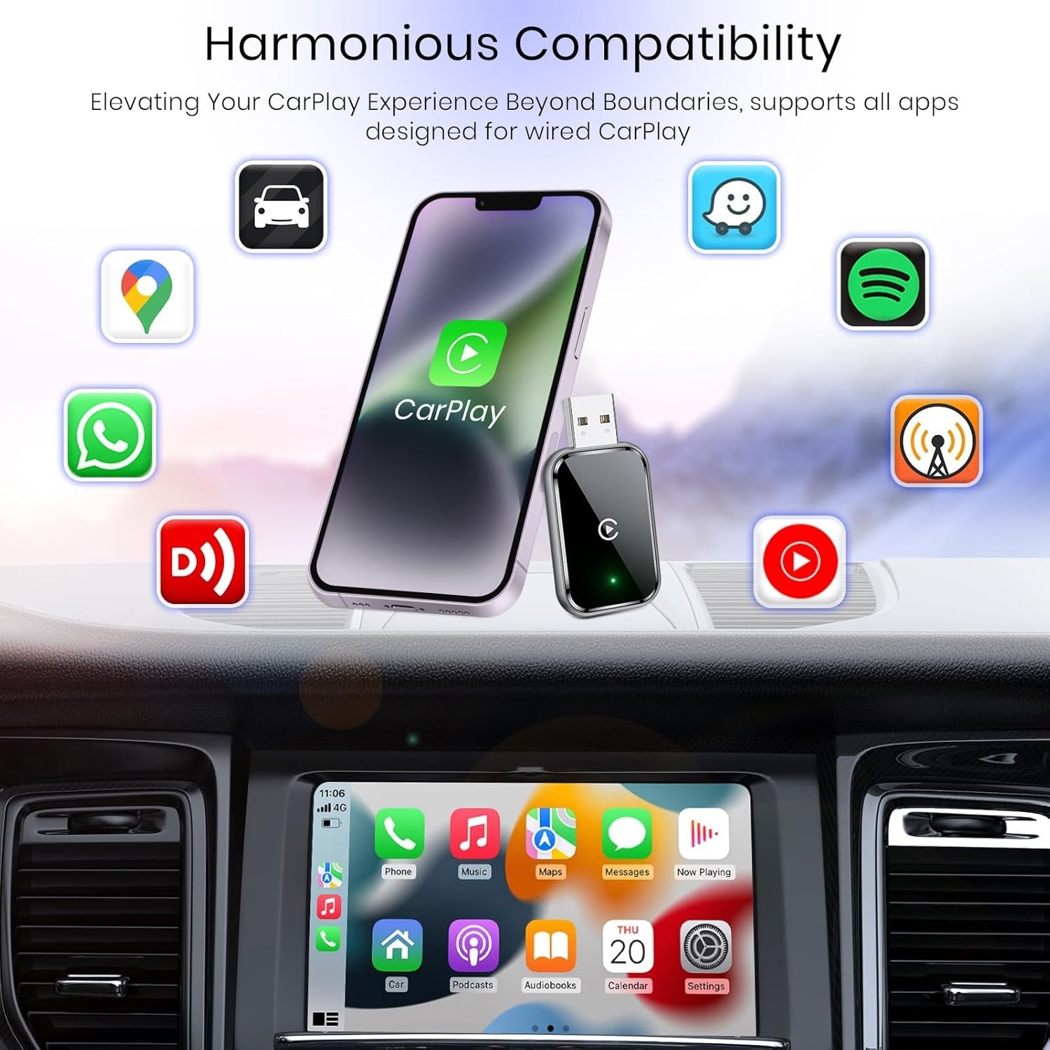 NÖRDIC 2-in-1 langaton Android CarPlay -sovitin, USB-C-adapterilla, Plug & Play, WiFi 5,8 GHz, tukee iOS 10+ ja Android 11+
