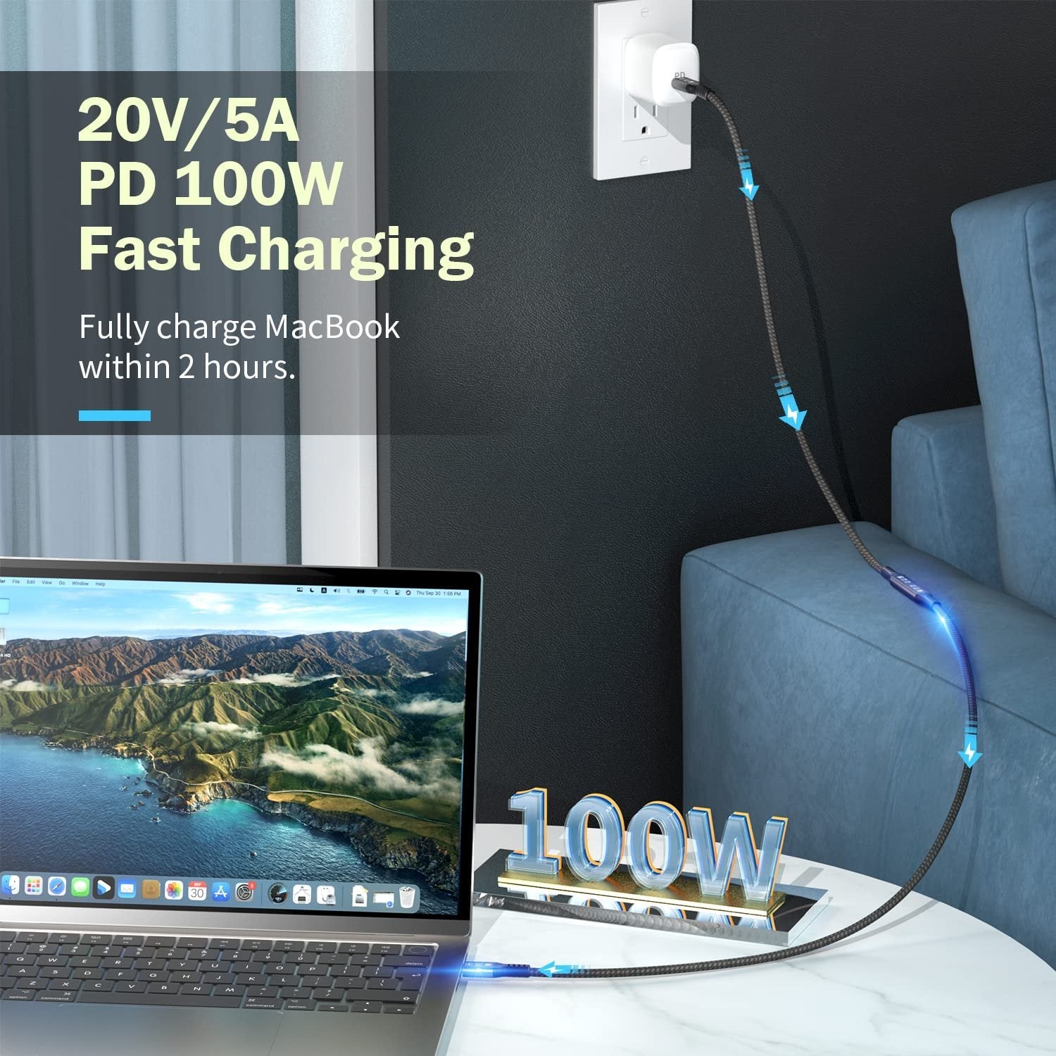 NÖRDIC 2m Thunderbolt 4 jatkokaapeli, USB-C uros-naaras, 100W pikalataus, 40Gbps, 8K 60Hz