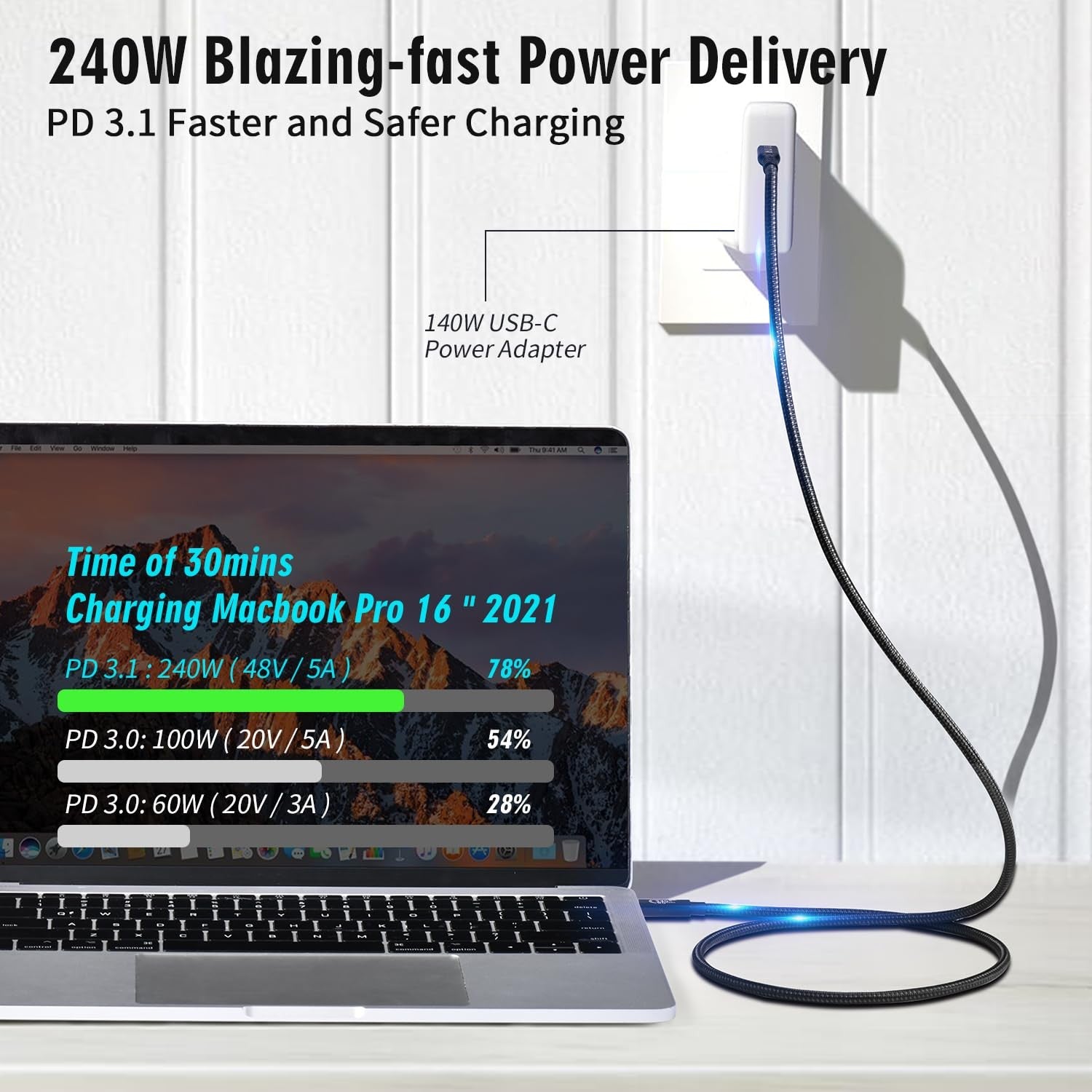 NÖRDIC 2m Thunderbolt 5 -kaapeli 80Gbps tiedonsiirto 240W lataus 120Gbps kaistanleveys 16K60Hz 8K60Hz 4K540Hz