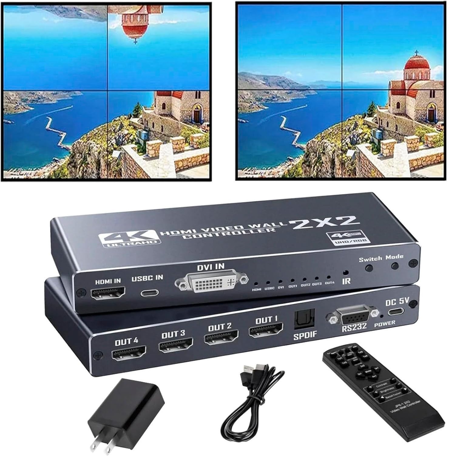 NÖRDIC 4K 2x2 HDMI/DVI/USB-C Video Wall Controller 4-kanavainen TV-seinäprosessori Tuki 1xHDMI/DVI In, 4xHDMI+1SPDIF Audio Out