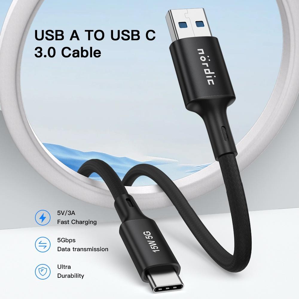 NÖRDIC 5m USB3.2 Gen1 USB-C nylon punottu kaapeli pikalataus 3A 5Gbps 15W musta