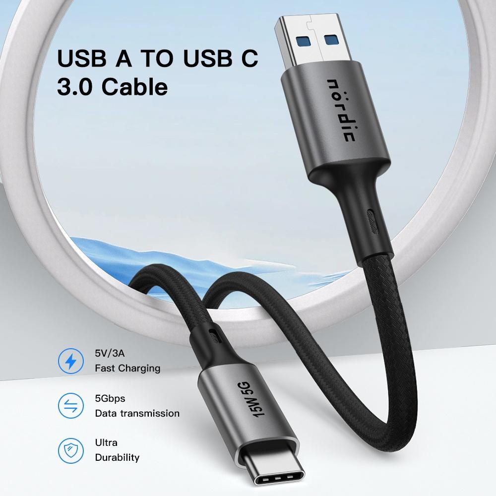 NÖRDIC 5m USB3.2 Gen1 USB-C nylon punottu kaapeli pikalataus 3A 5Gbps 60W harmaa