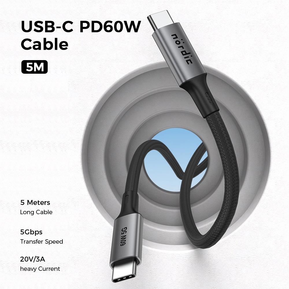NÖRDIC 5m USB3.2 Gen1 USB-C-C nylon punottu kaapeli pikalataus 3A 5Gbps Virtalähde PD 60W