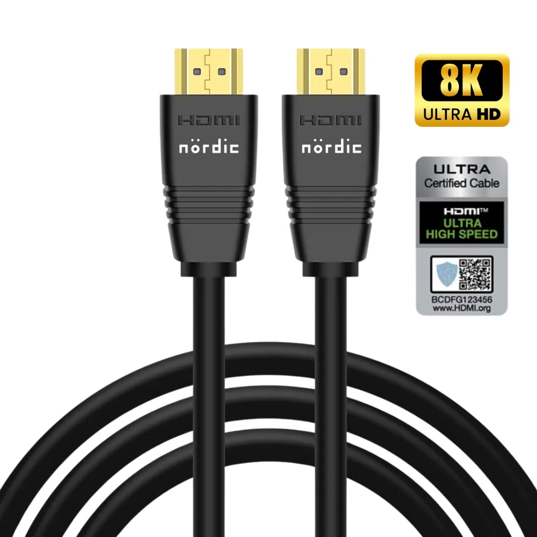 NÖRDIC CERTIFIED CABLES 1m Ultra High Speed HDMI2.18K 60Hz 4K 120Hz 144Hz 48Gbps Dynamic HDR eARC Game Mode VRR Dolby ATMOS kullattu PVC musta