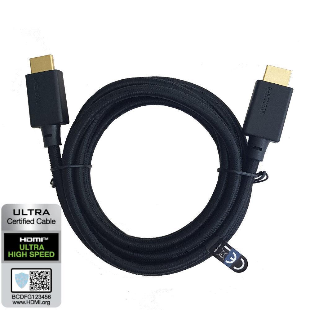 NÖRDIC CERTIFIED CABLES 2 m HDMI2.1 Ultra High Speed 8K 60 Hz 4K 120 Hz 48 Gb/s Dynamic HDR eARC pelitila VRR Dolby ATMOS nailonpunottu, kullattu