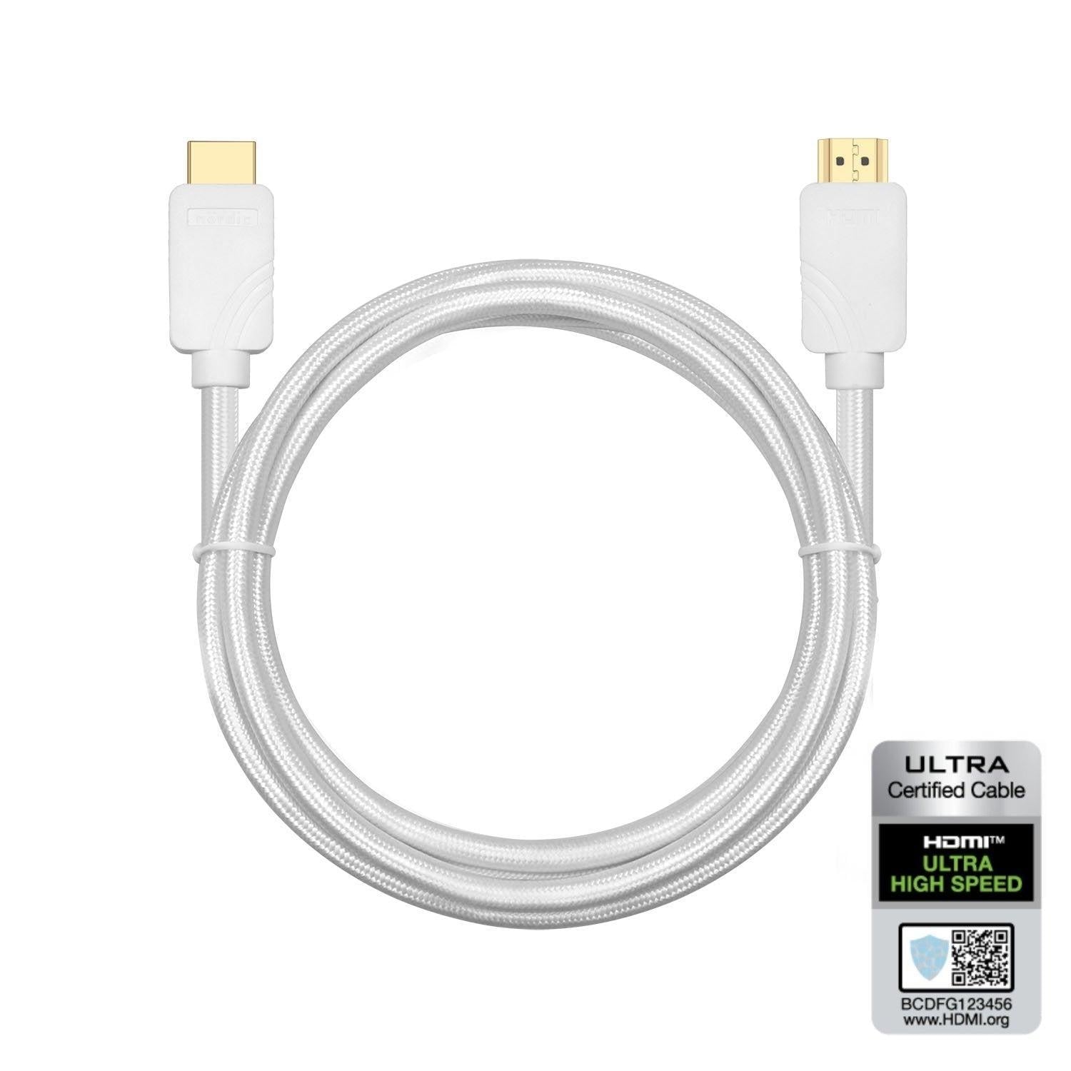 NÖRDIC CERTIFIED CABLES 50 cm Ultra High Speed HDMI 2.1 -kaapeli, 8K@60Hz, 4K@120Hz, 48Gbps, Dynamic HDR, eARC, VRR, Dolby Atmos, nailonpunottu, kullatut liittimet