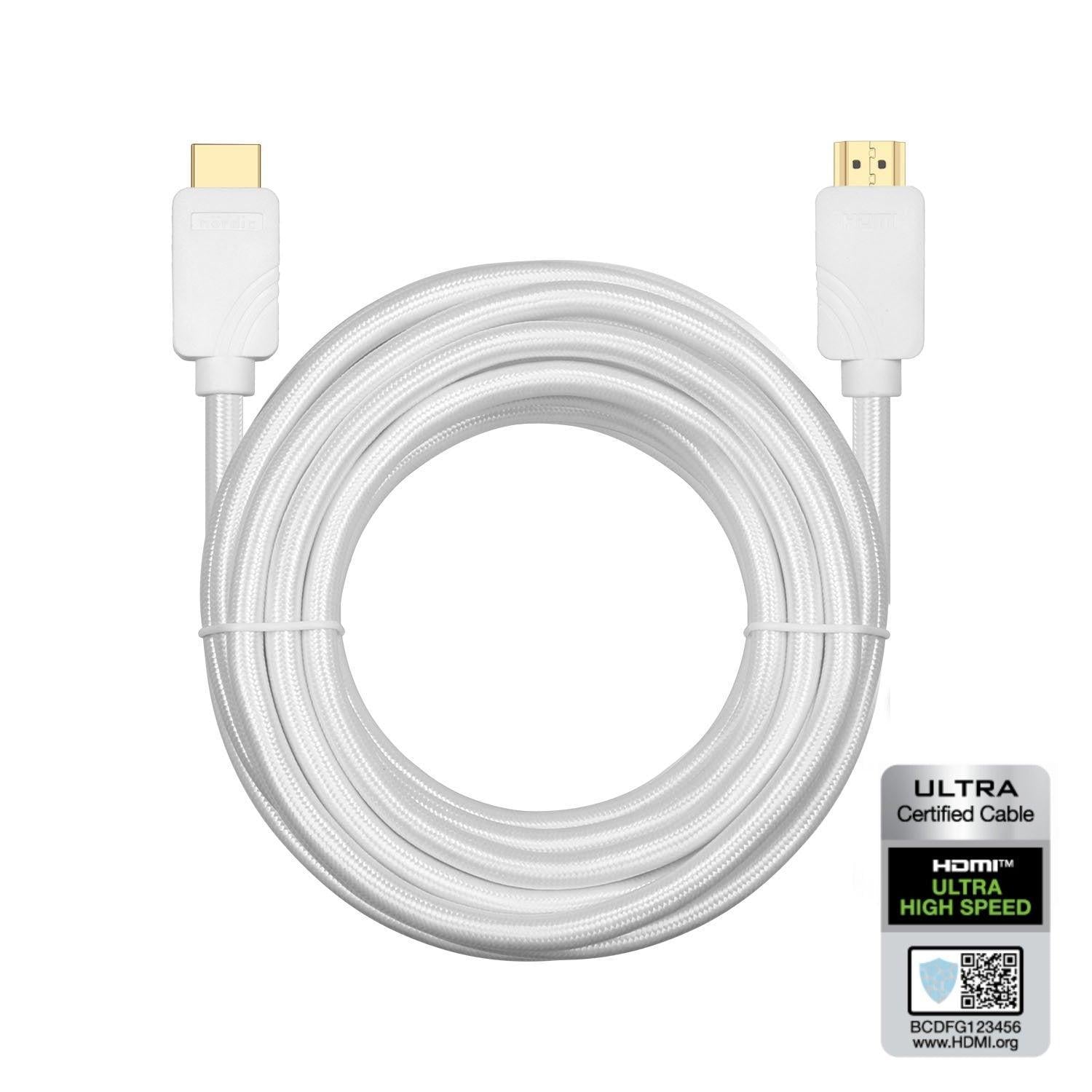 NÖRDIC CERTIFIED CABLE Sertifioitu 5m Ultra High Speed HDMI 2.1 8K 60Hz 4K 120Hz 48Gbps Dynamic HDR eARC VRR nailonpunottu kaapeli kullattu