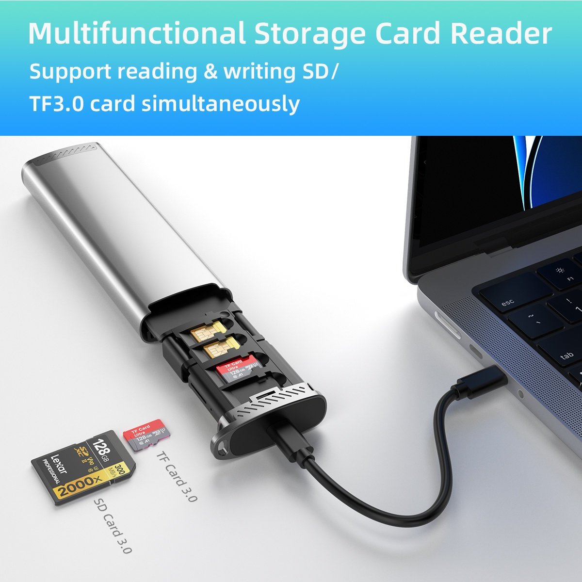NÖRDIC USB-A 3.1, USB-C 3.1, Lightning-kortinlukija ja tallennuskaappi 2-paikkainen SD, MicroSD, 1xUSB-A UHS-I
