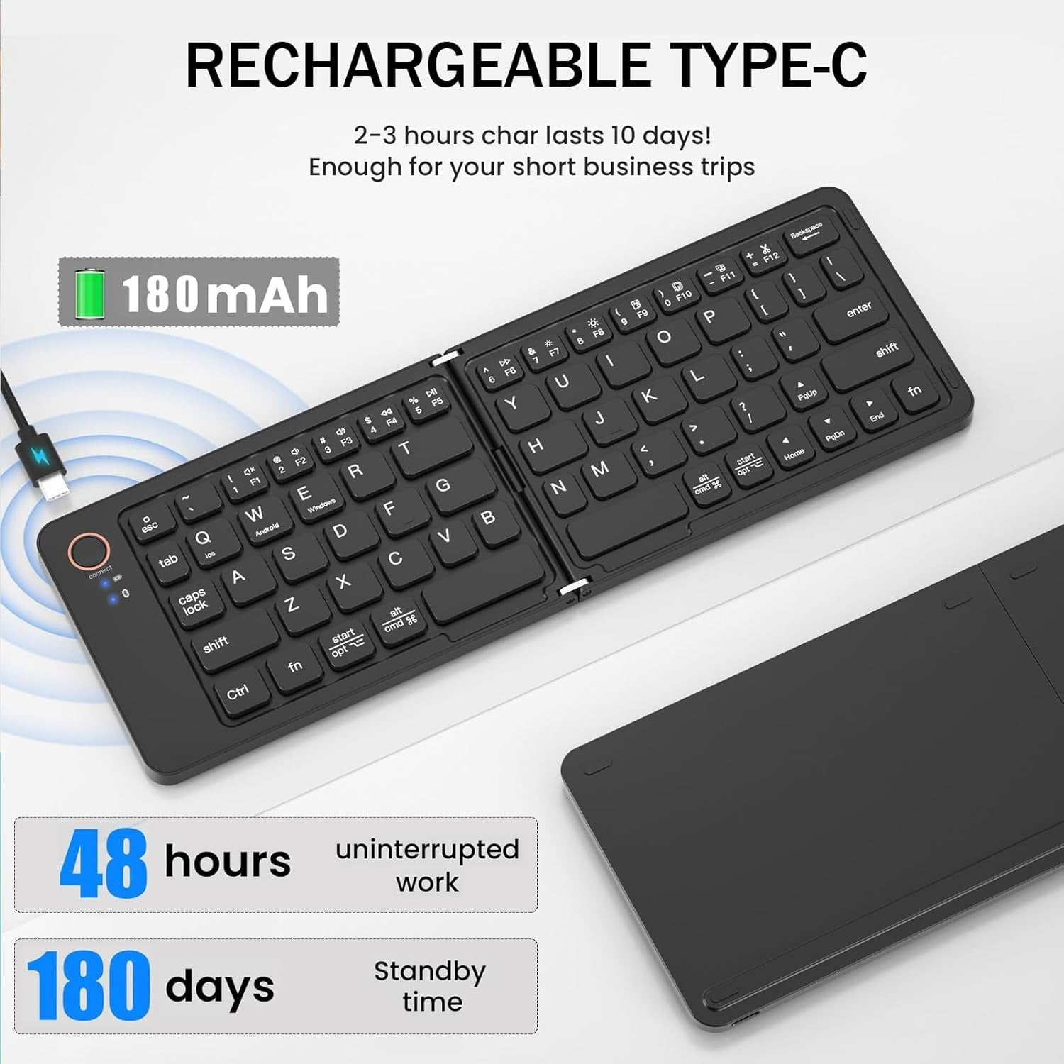 NÖRDIC Taitettava Slim Bluetooth-näppäimistö taskukoossa, yhteensopiva iOS-, Android- ja Windows-laitteiden kanssa, älypuhelimelle, tabletille, iPadille, iPhonelle ja kannettavalle tietokoneelle, US-asettelu