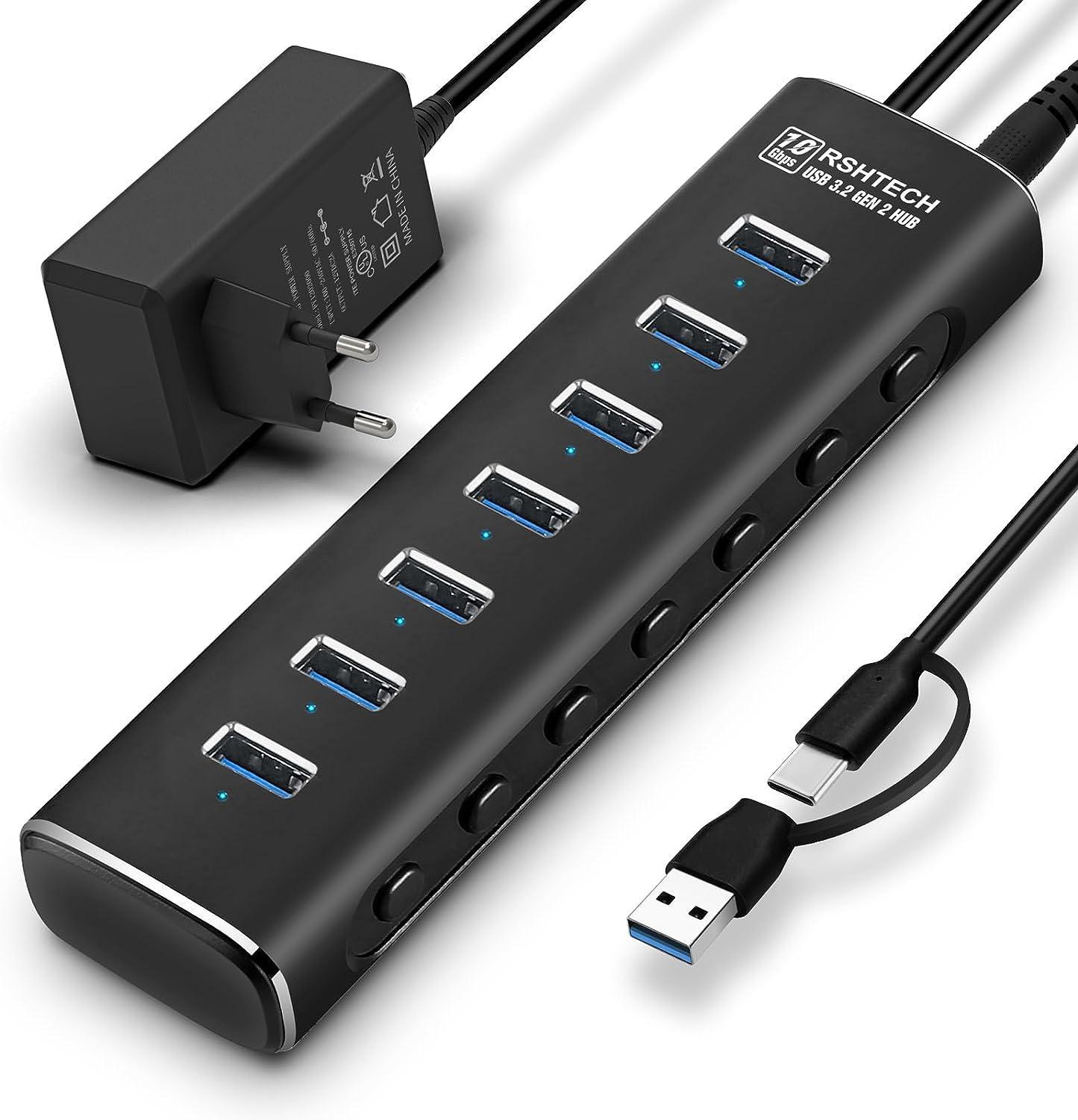 NÖRDIC GEN 3.2 USB-C- ja USB-A-virtalähteellä varustettu keskitin 7-porttia 7x10Gbps 1 m kaapeli yksittäinen kytkin