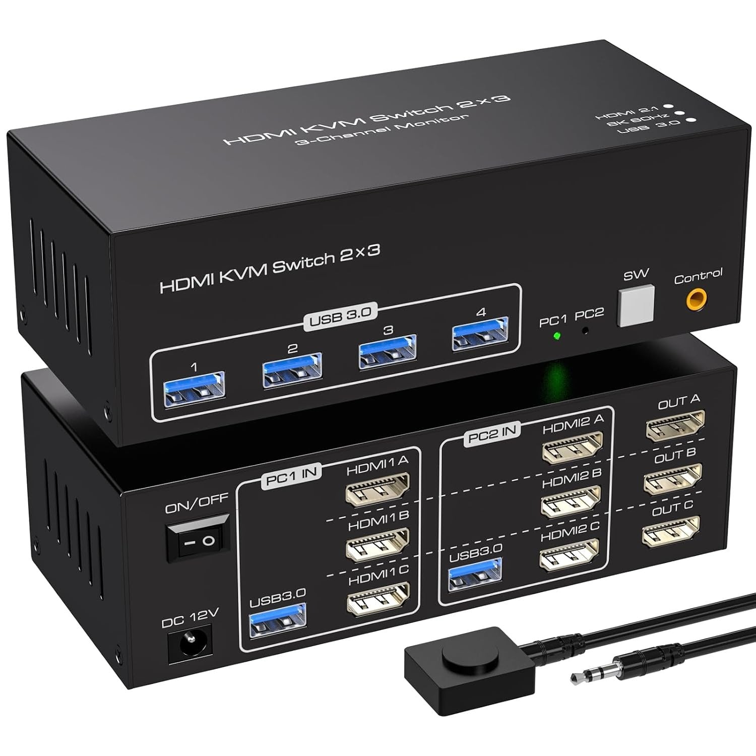 NÖRDIC HDMI 2.1 KVM-kytkin 2 tietokonetta 3 näyttöä 8K60Hz 4K144Hz Kolmoisnäyttö 4 USB 3.0 kahdelle PC:lle jakamaan 3 näyttöä