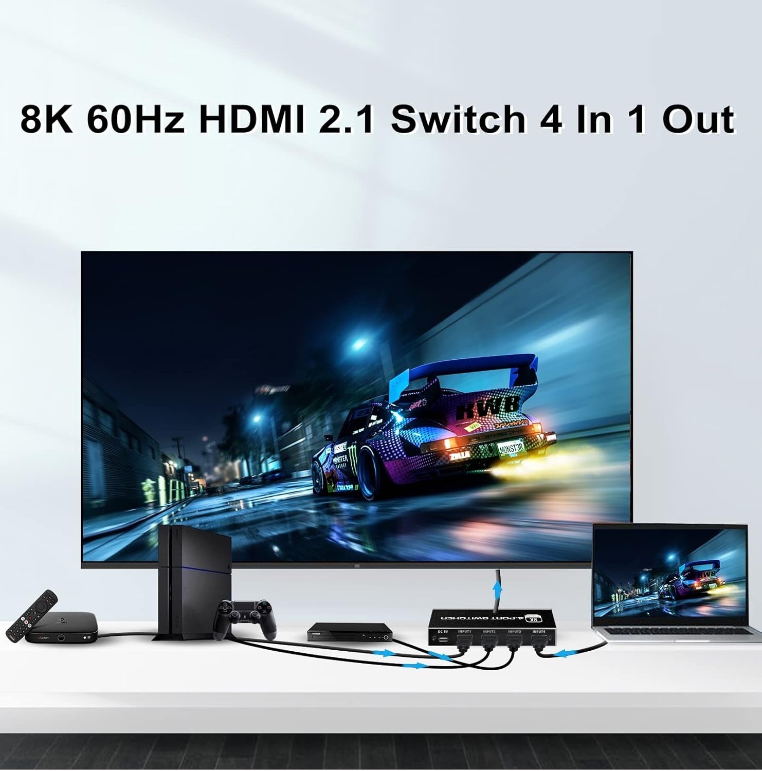 NÖRDIC HDMI 2.1 -kytkin 4-1 8K60Hz 4K144Hz 48Gbps